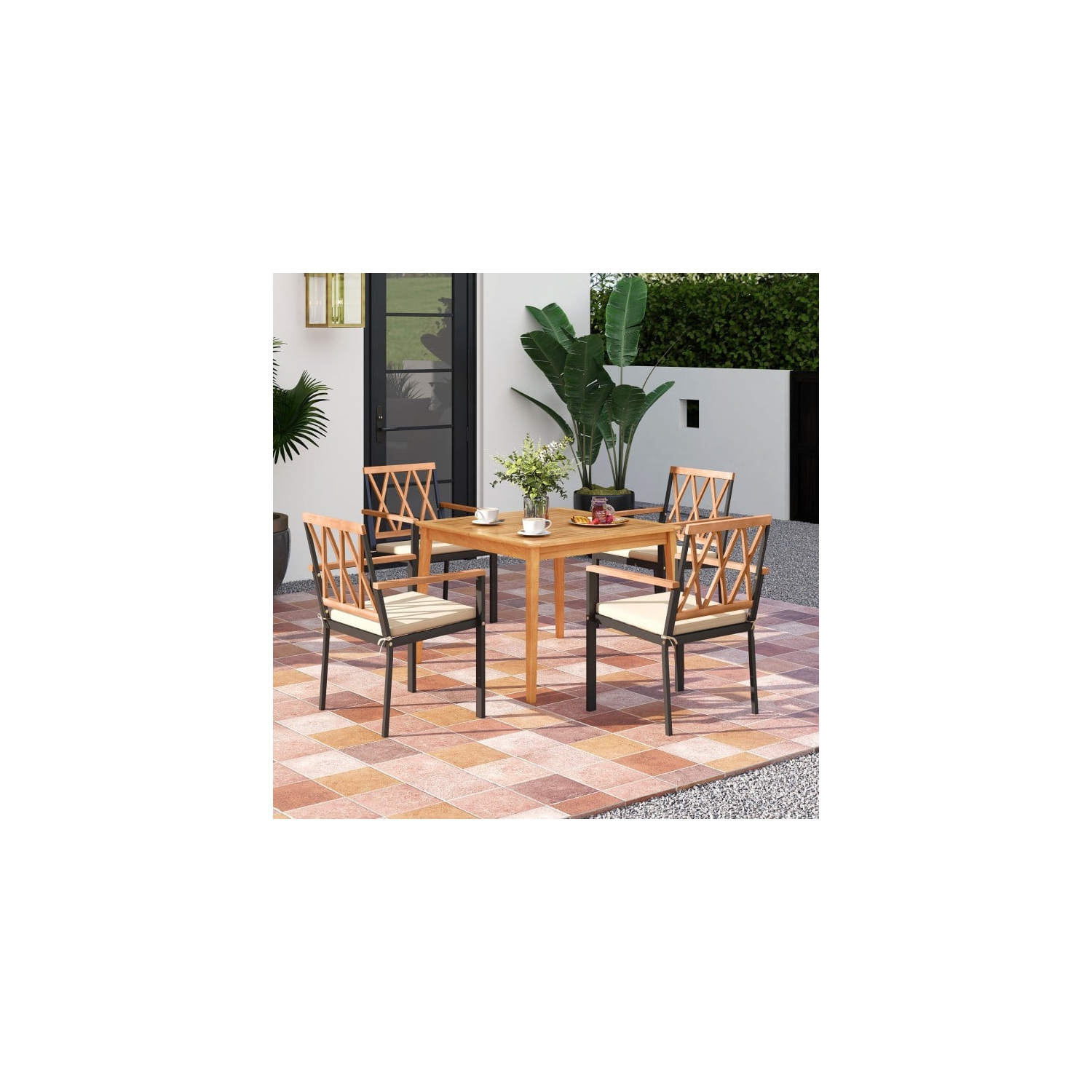5-Piece Wooden Patio Dining Set with Acacia Table and Umbrella Hole for Backyard