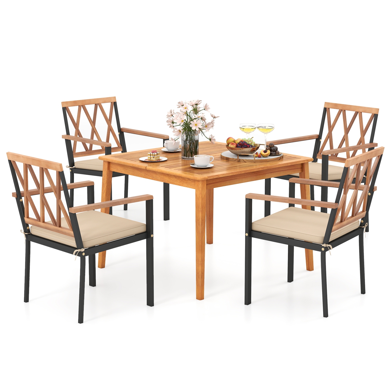 5-Piece Wooden Patio Dining Set with Acacia Table and Umbrella Hole for Backyard