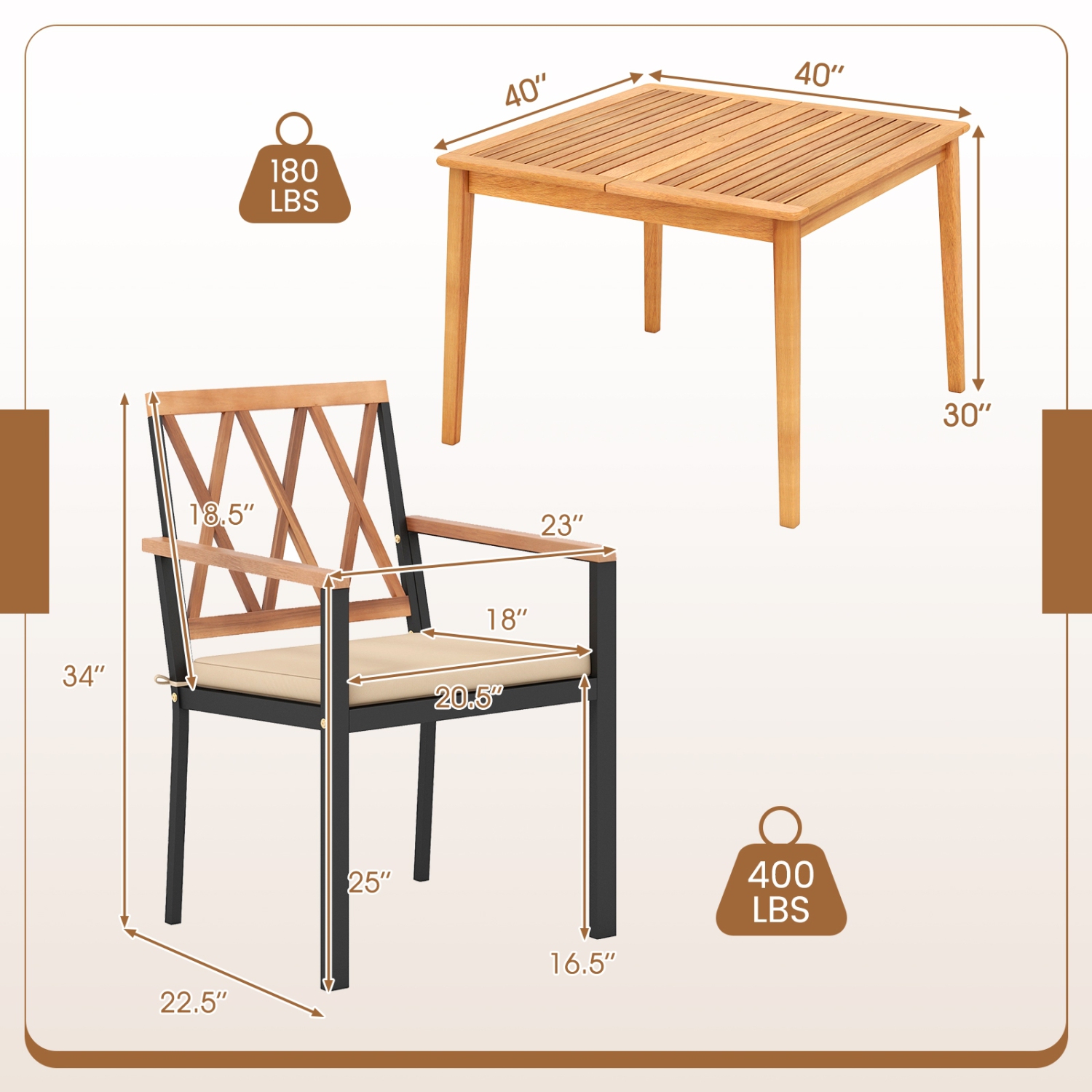 5-Piece Wooden Patio Dining Set with Acacia Table and Umbrella Hole for Backyard
