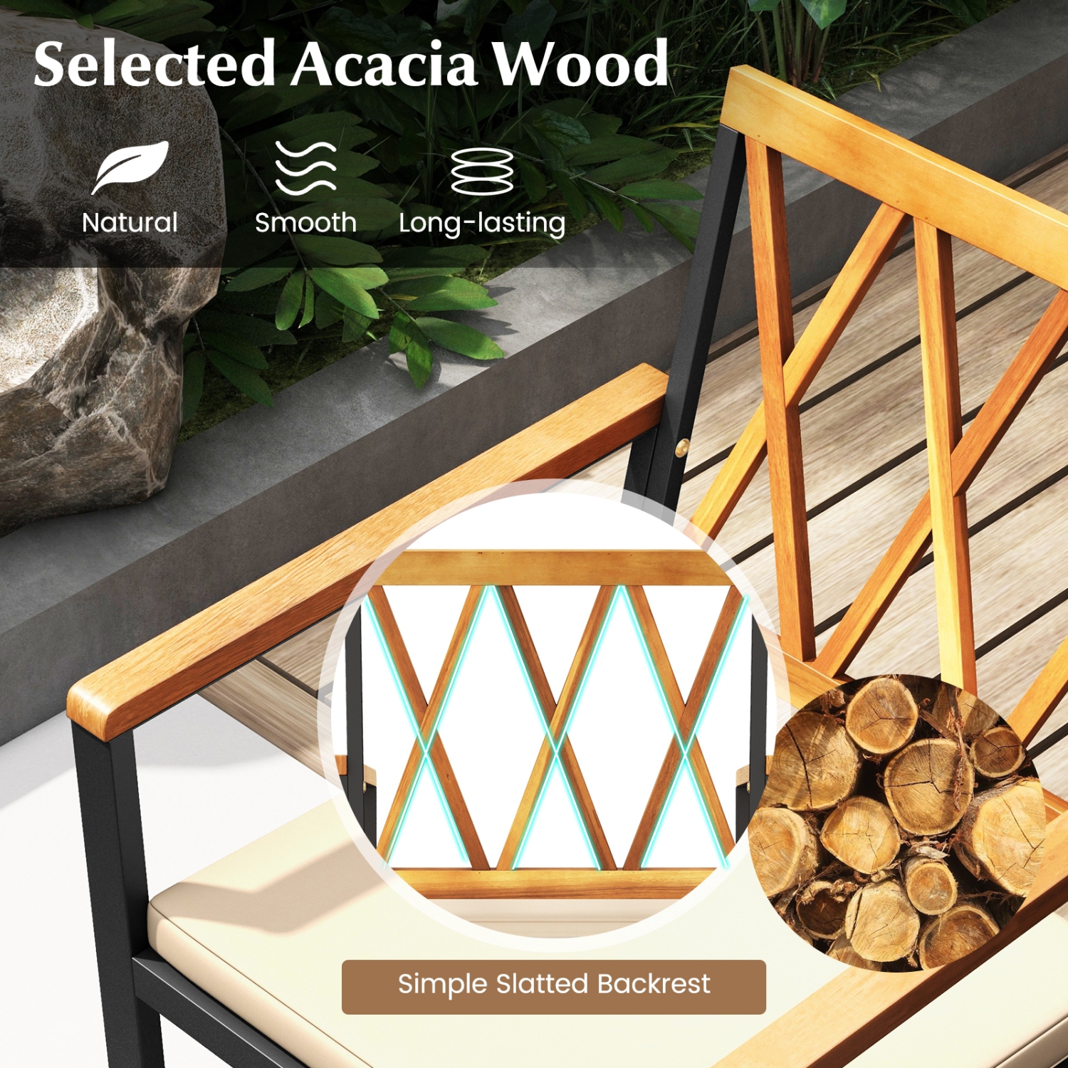 5-Piece Wooden Patio Dining Set with Acacia Table and Umbrella Hole for Backyard