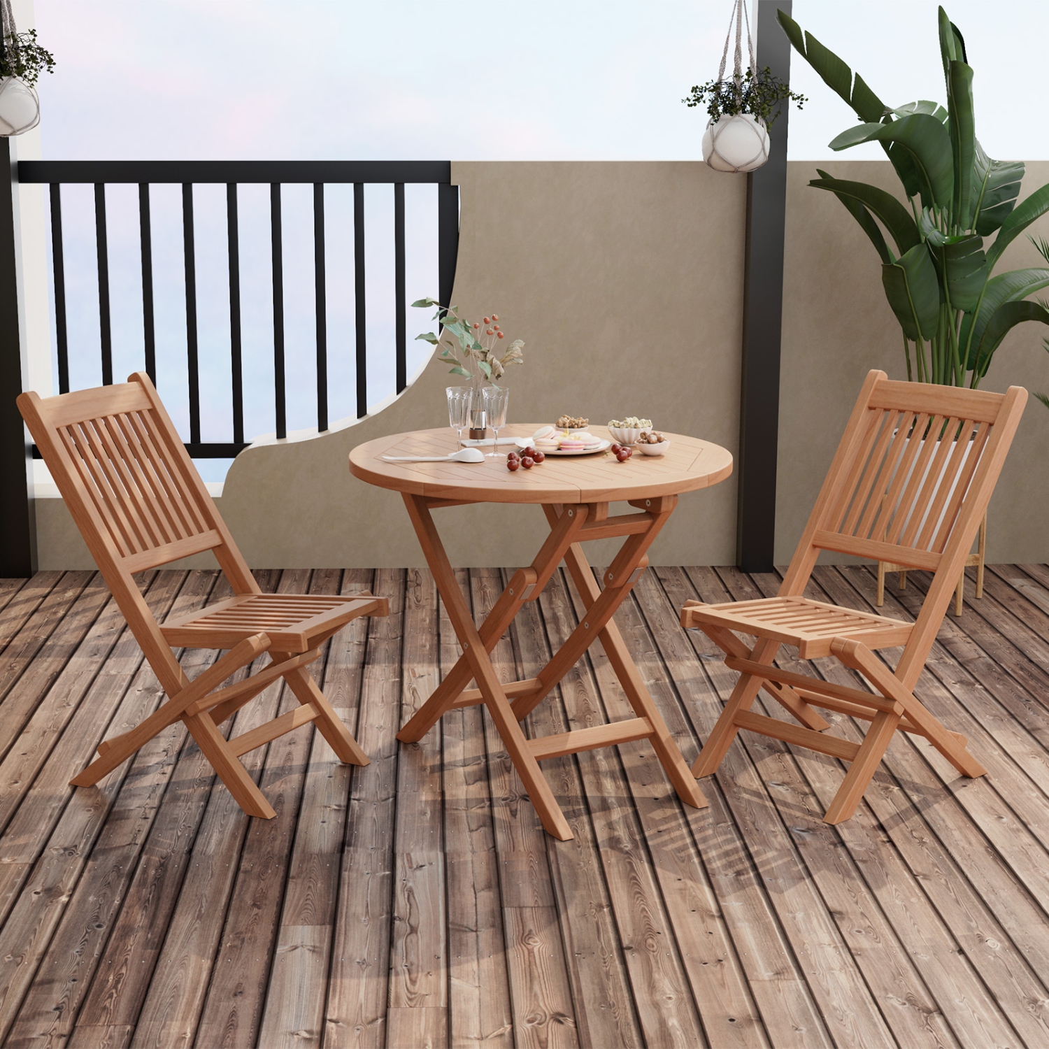 Outdoor Bistro Set with Slatted Seats and Tabletop, Ideal for Patio or Backyard