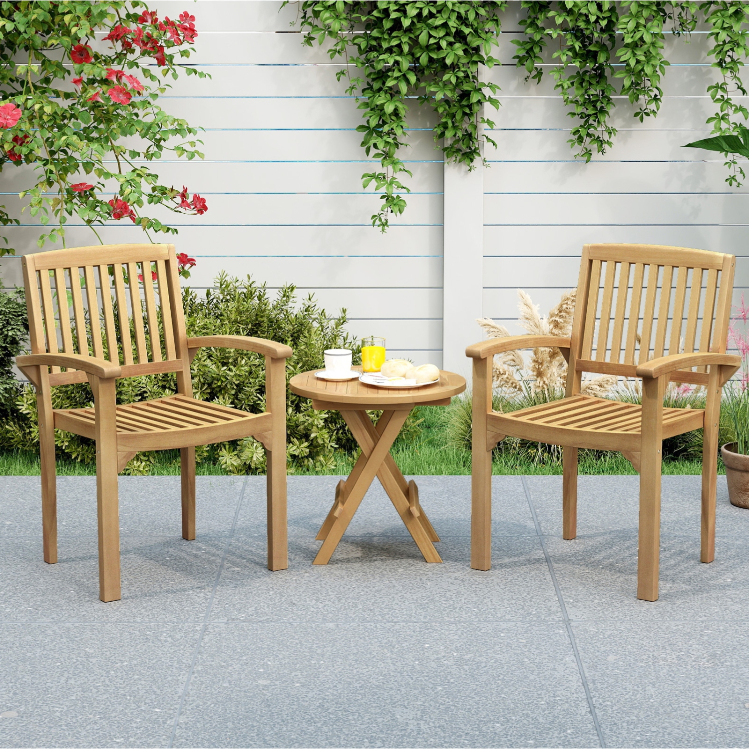 Set of 2 Outdoor Patio Chairs with Slatted Design and Curved Seats for Comfort