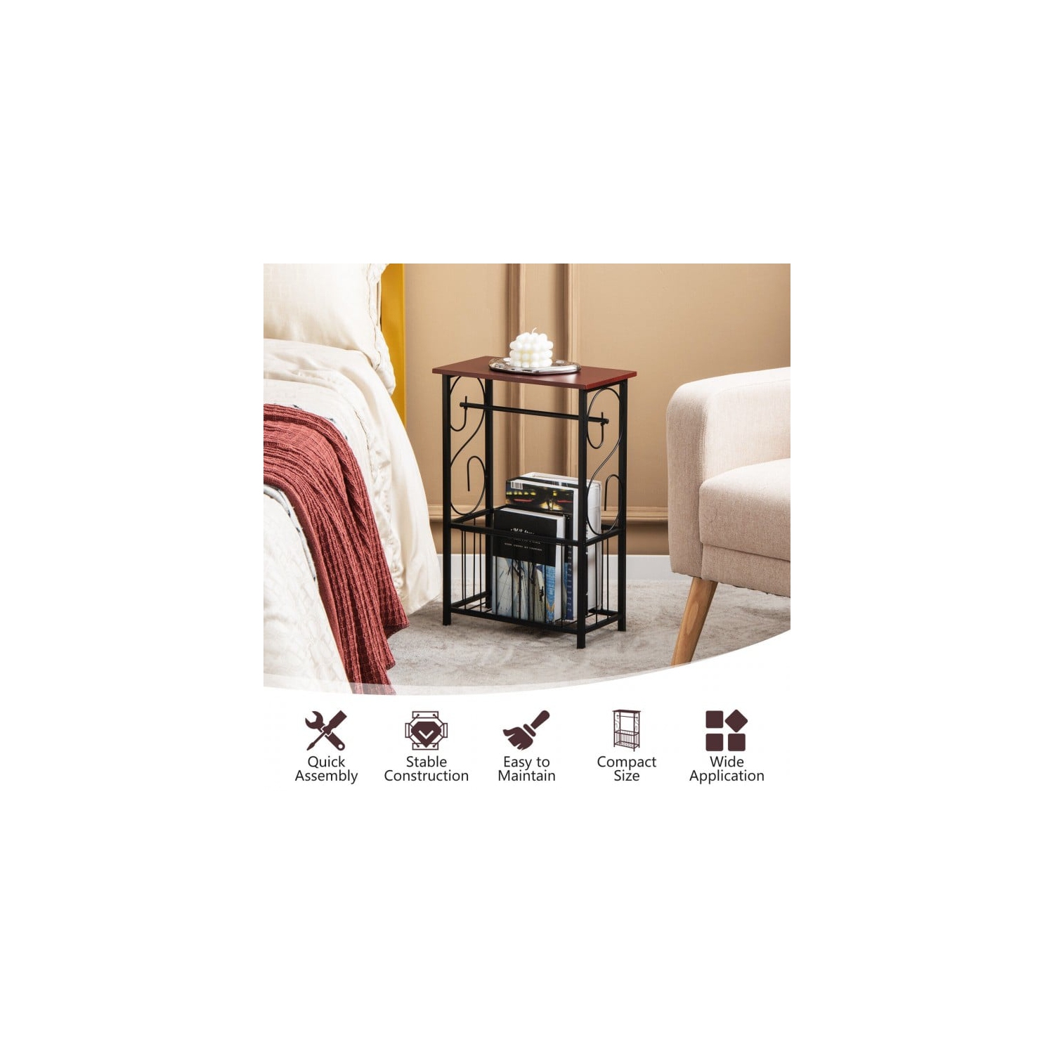 Table d'appoint étroite pour canapé avec porte-papier amovible pour le salon