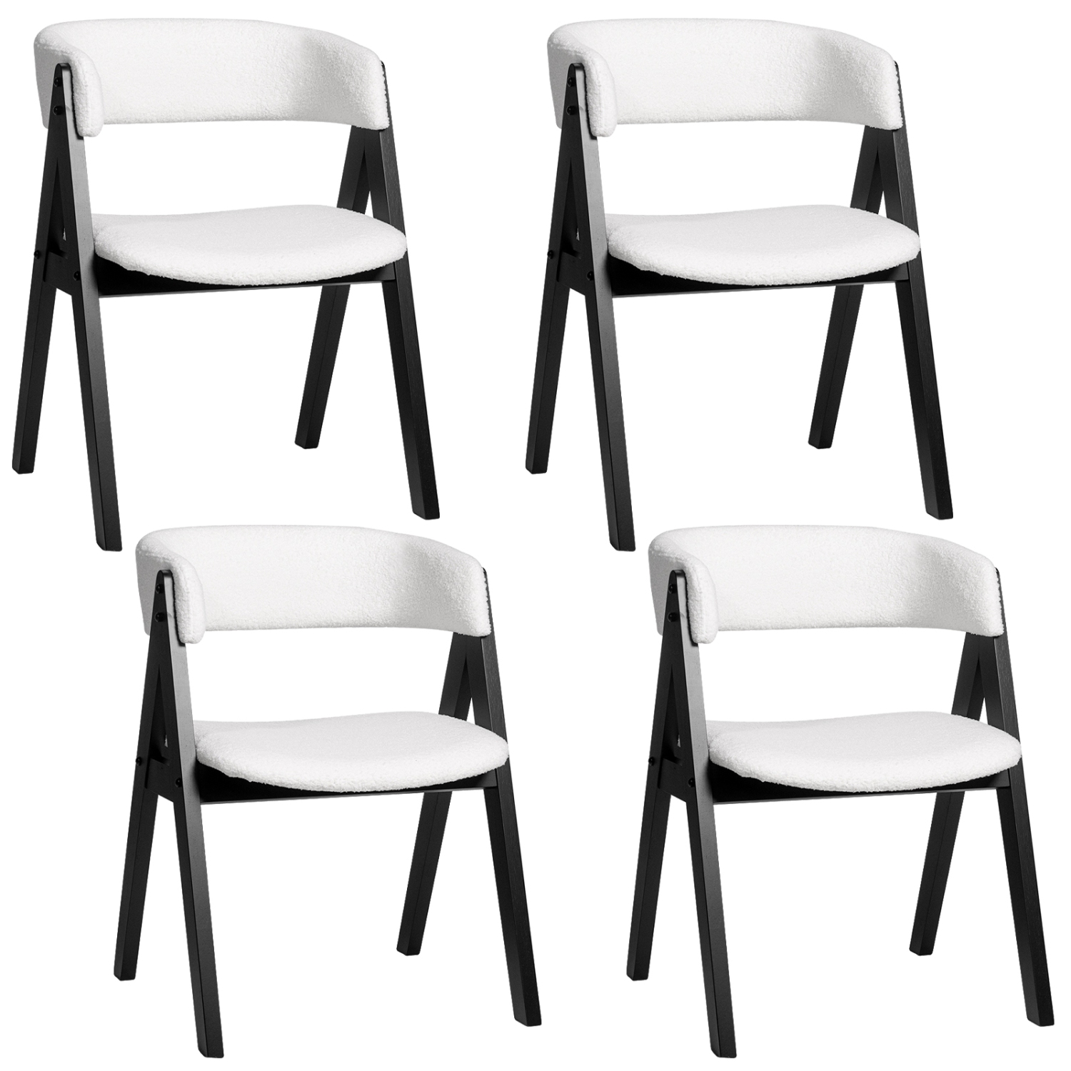 Set of 4 Mid-Century Wooden Dining Chairs with Sherpa Upholstered Seats for Kitchen