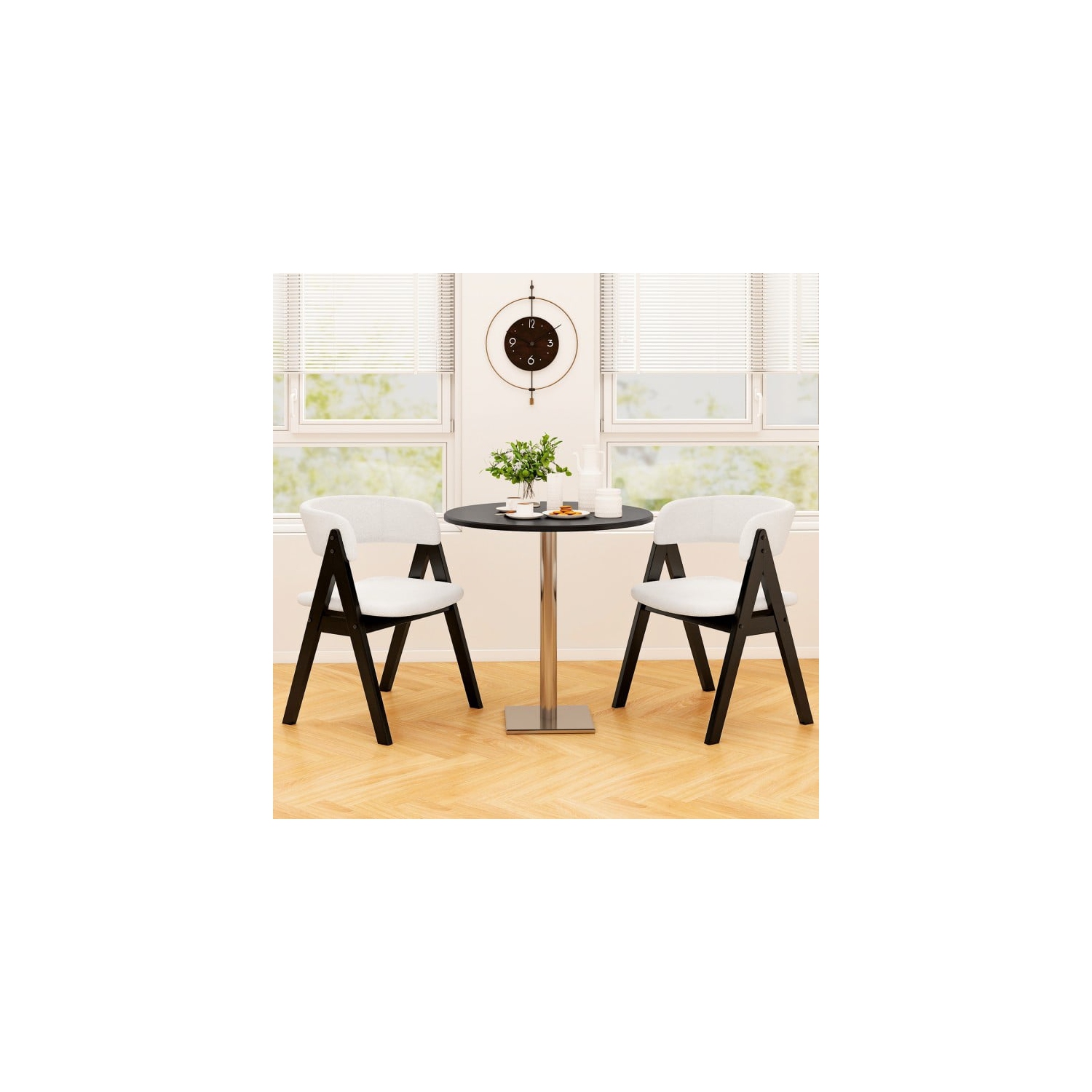 Set of 4 Mid-Century Wooden Dining Chairs with Sherpa Upholstered Seats for Kitchen