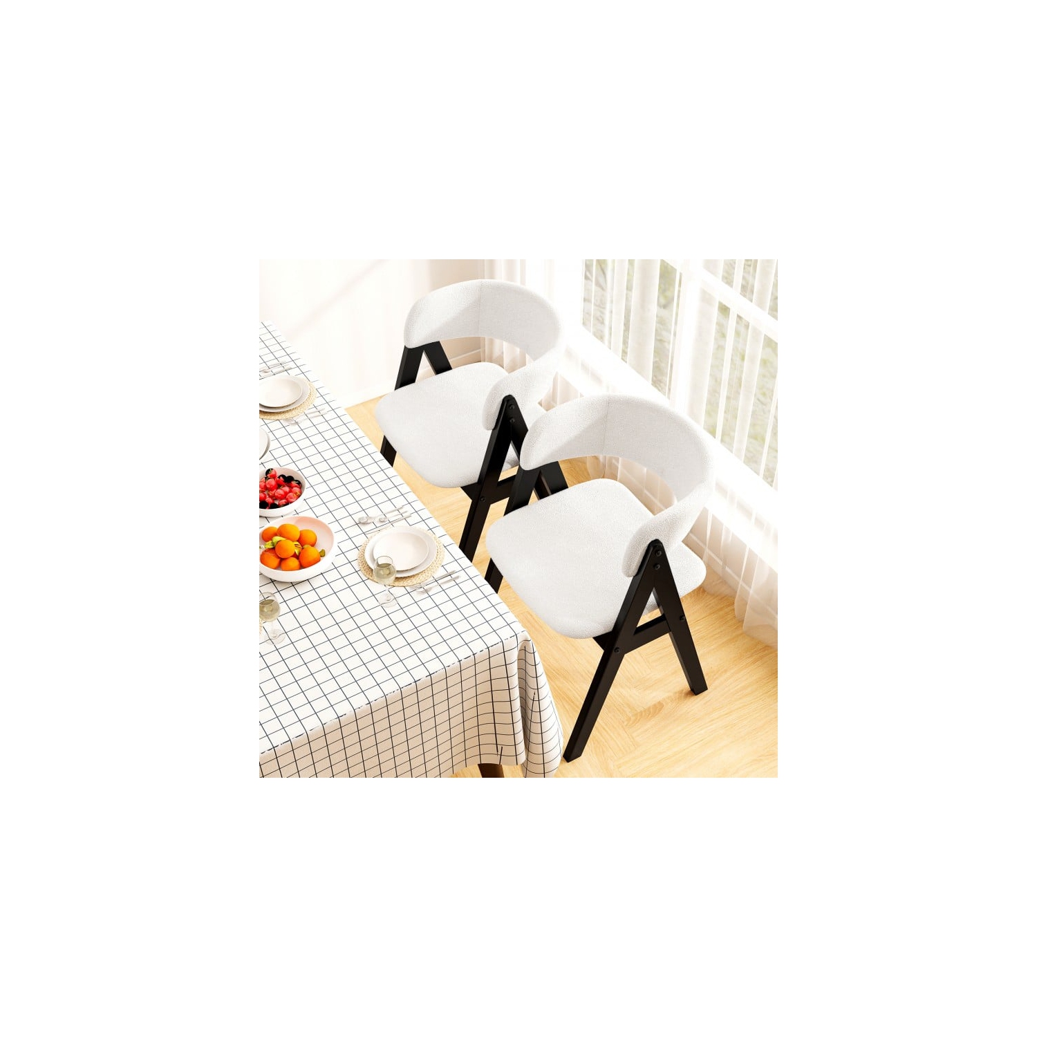 Set of 4 Mid-Century Wooden Dining Chairs with Sherpa Upholstered Seats for Kitchen