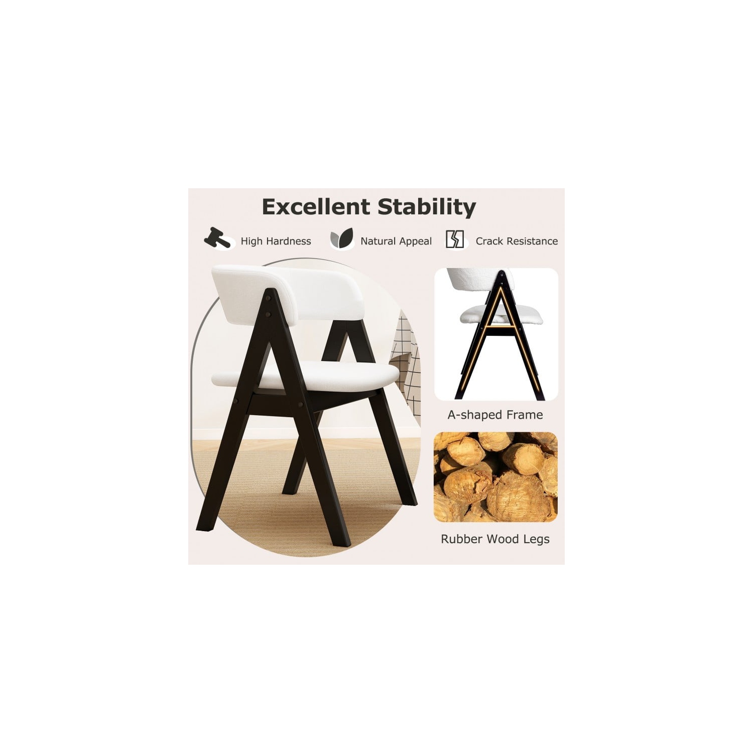 Set of 4 Mid-Century Wooden Dining Chairs with Sherpa Upholstered Seats for Kitchen