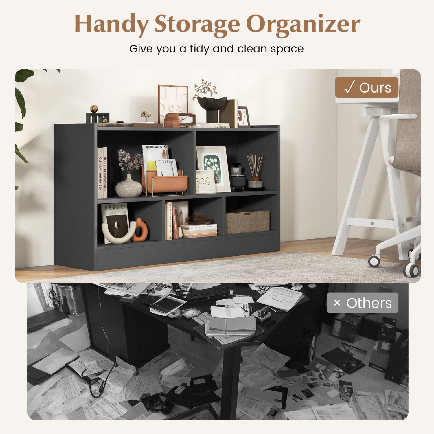 Meuble de rangement pour jouets en bois avec 2 tablettes et 5 cubes de rangement pour livres et jouets