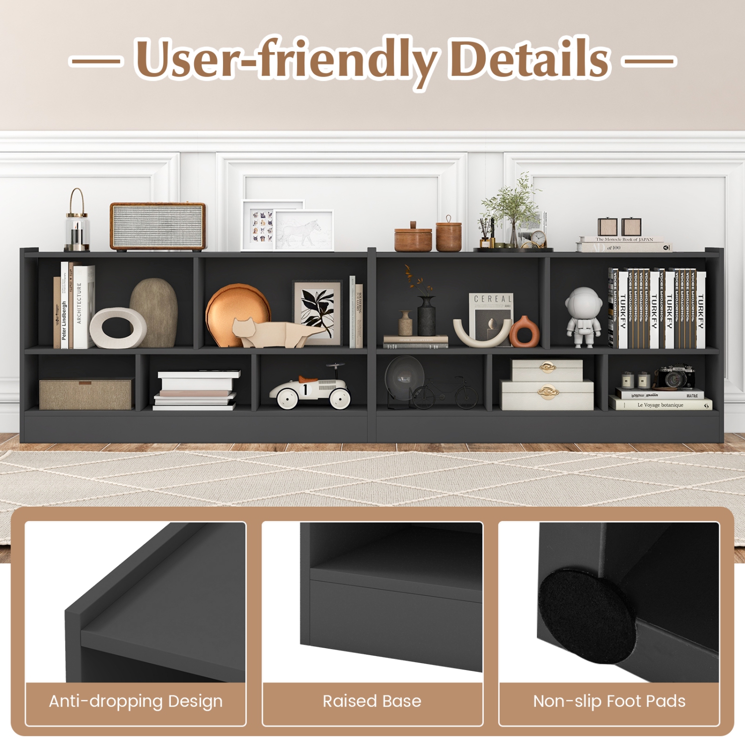 Meuble de rangement pour jouets en bois avec 2 tablettes et 5 cubes de rangement pour livres et jouets