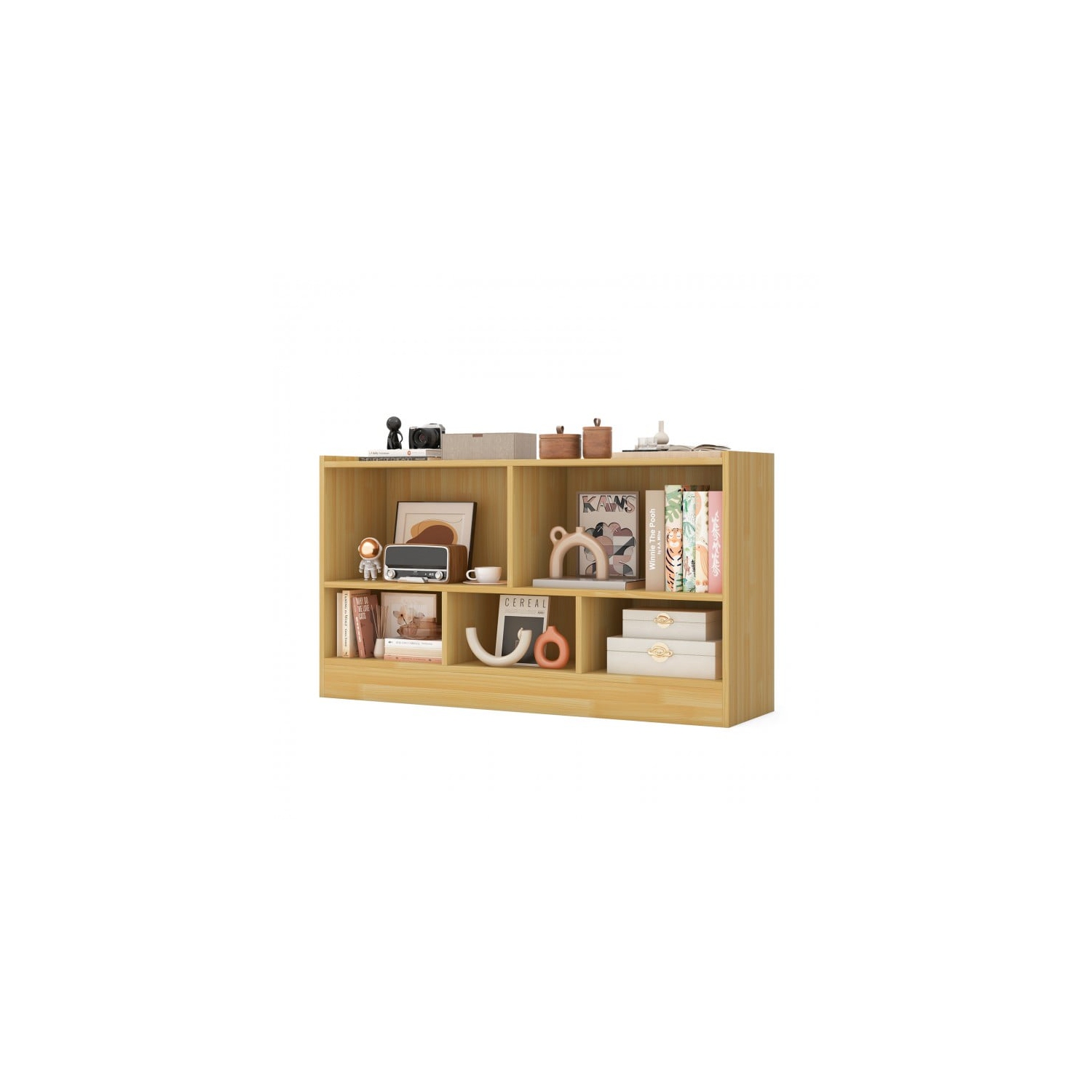 Meuble de rangement pour jouets en bois avec 2 tablettes et 5 cubes de rangement pour livres et jouets