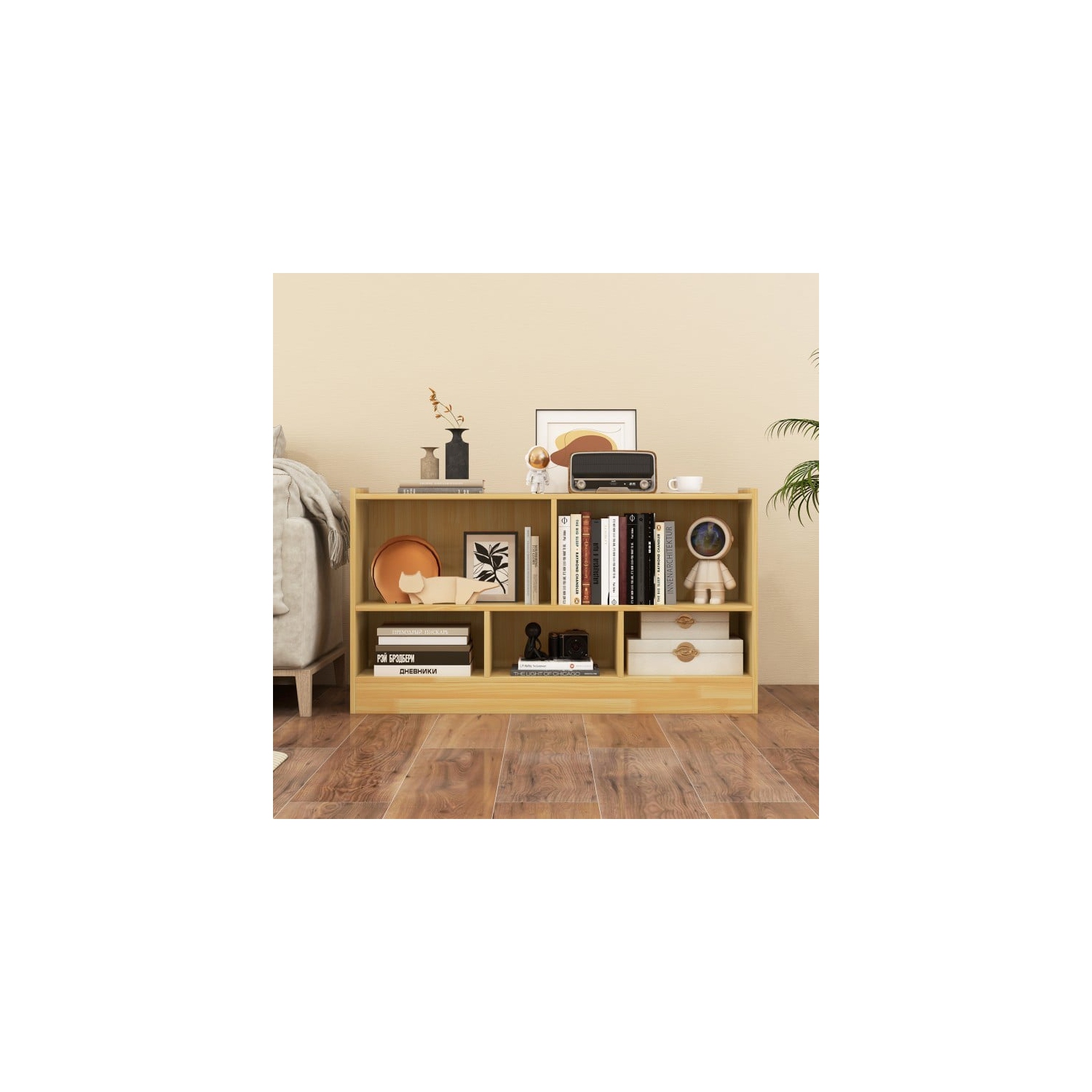 Meuble de rangement pour jouets en bois avec 2 tablettes et 5 cubes de rangement pour livres et jouets