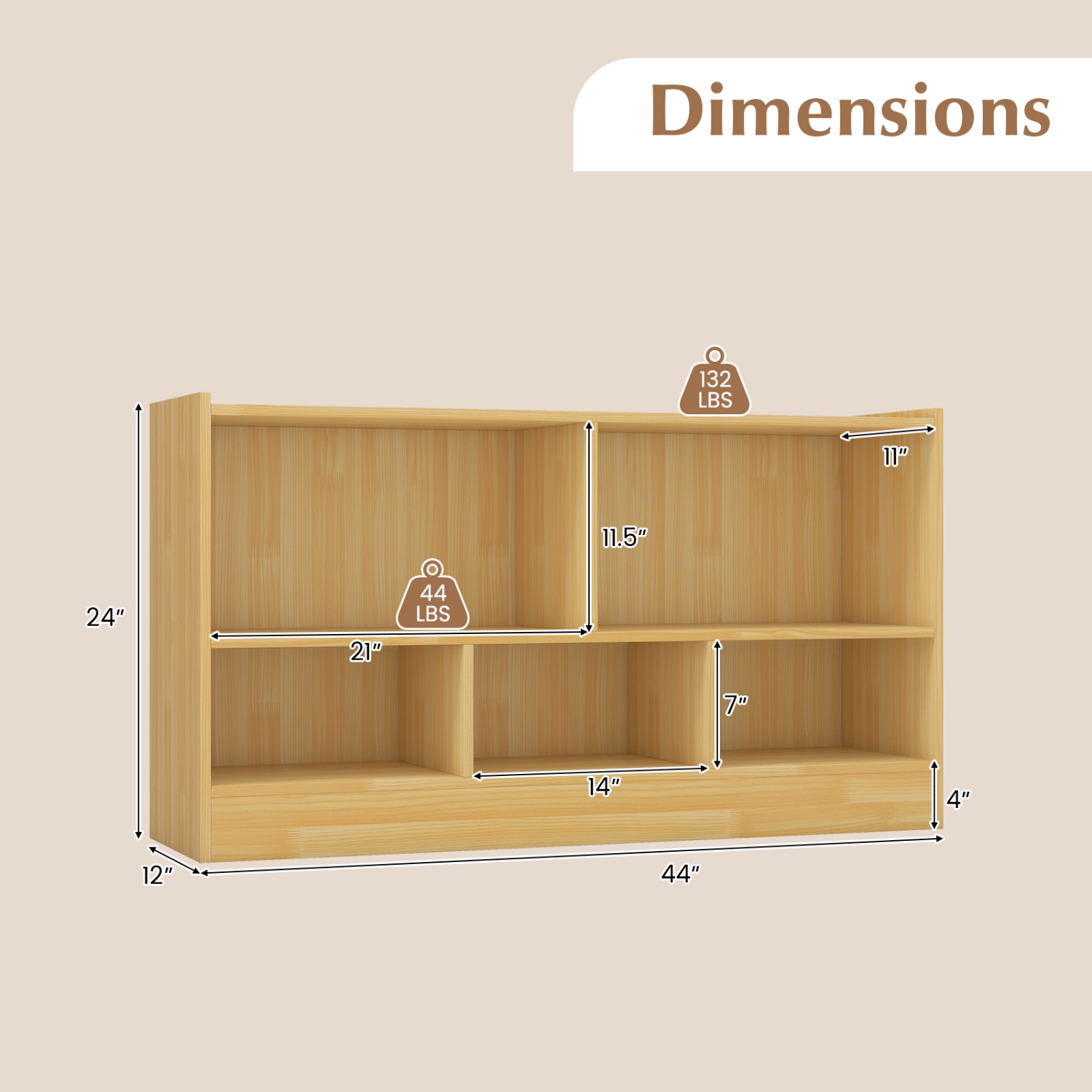 Meuble de rangement pour jouets en bois avec 2 tablettes et 5 cubes de rangement pour livres et jouets