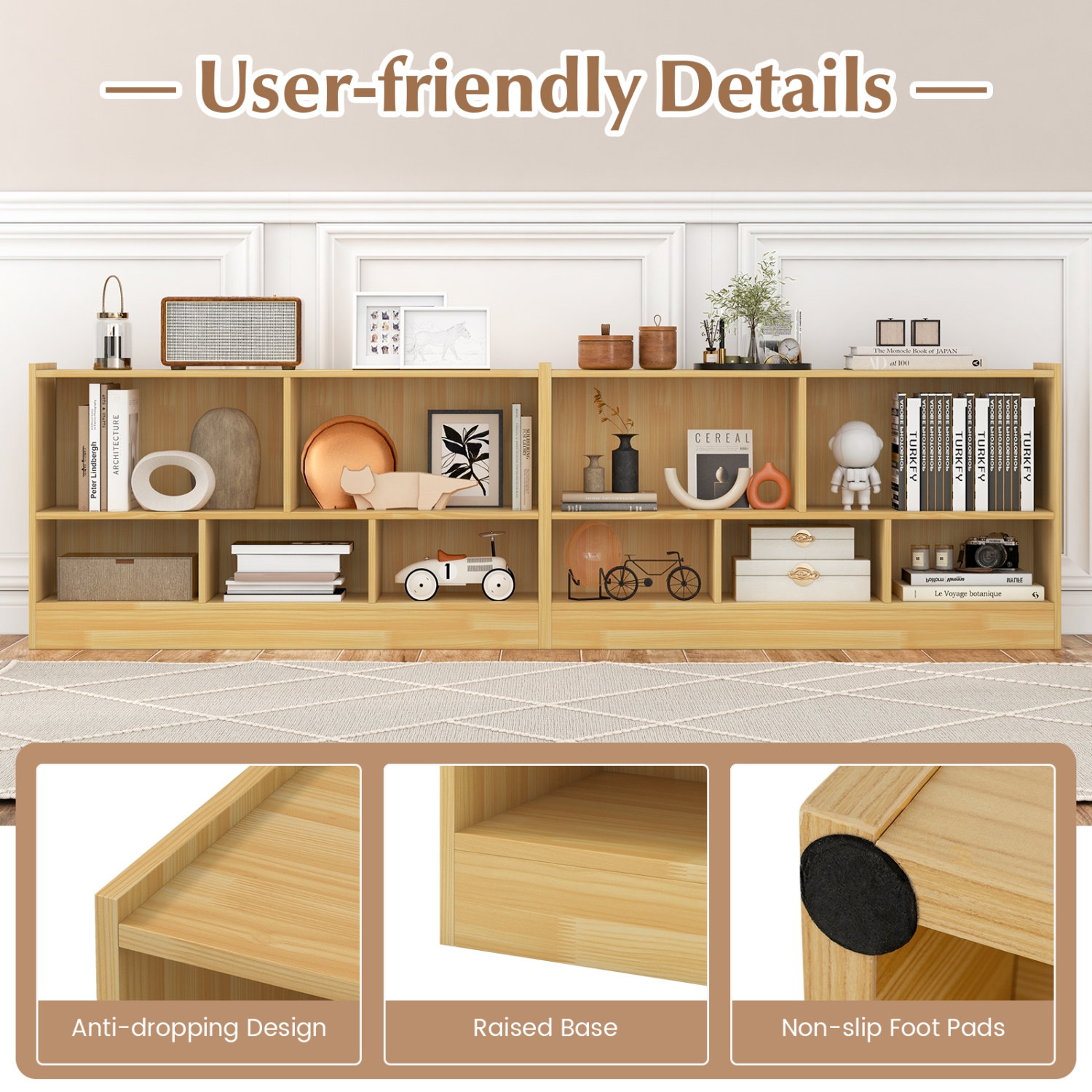 Meuble de rangement pour jouets en bois avec 2 tablettes et 5 cubes de rangement pour livres et jouets