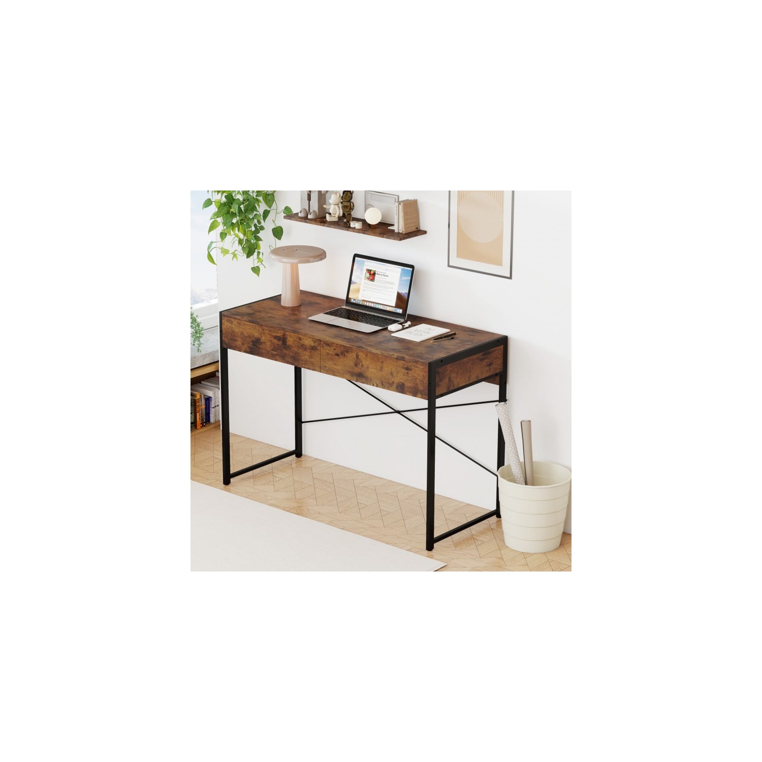 Home Office Desk with 2 Drawers and Metal Frame, Writing Table for Workstation