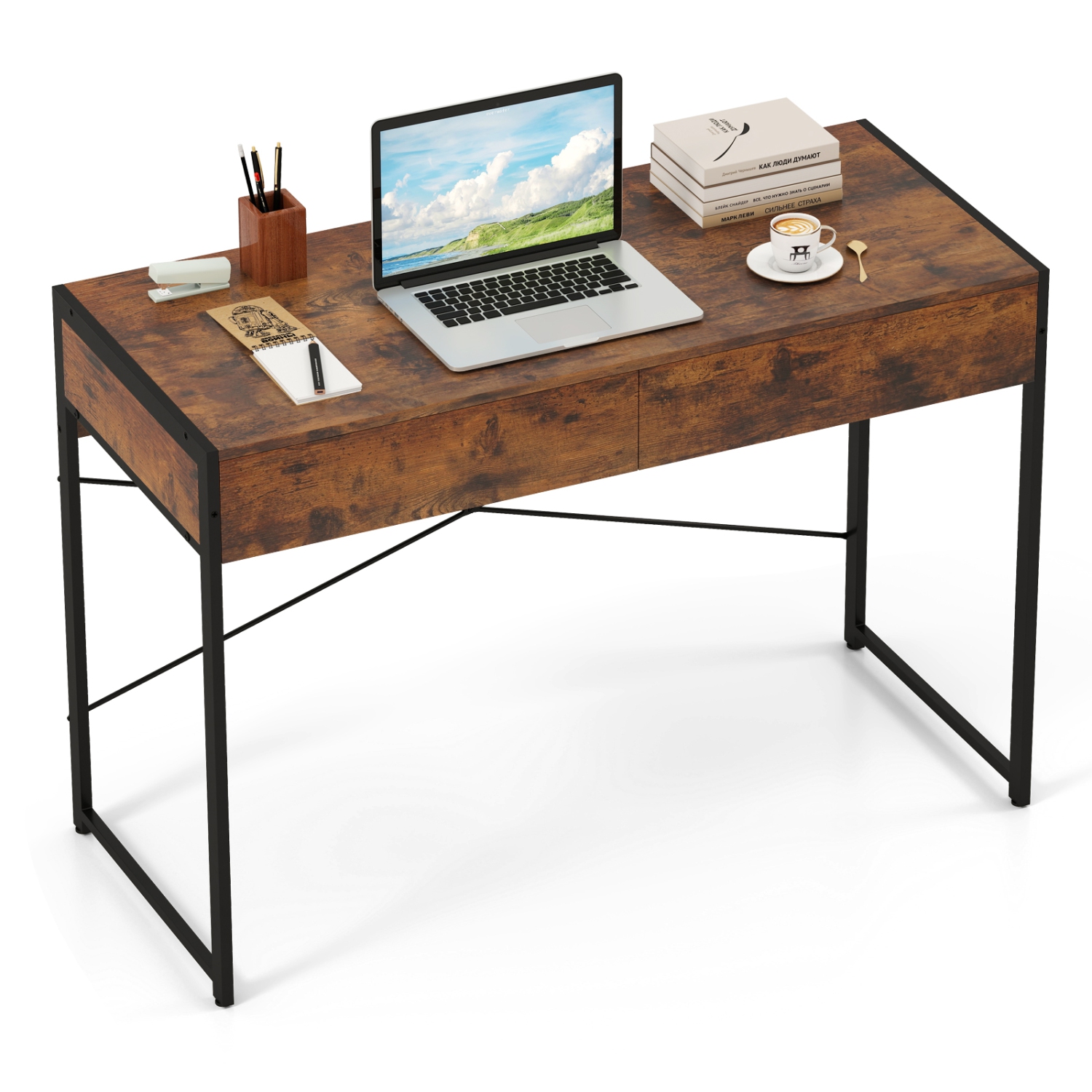 Home Office Desk with 2 Drawers and Metal Frame, Writing Table for Workstation