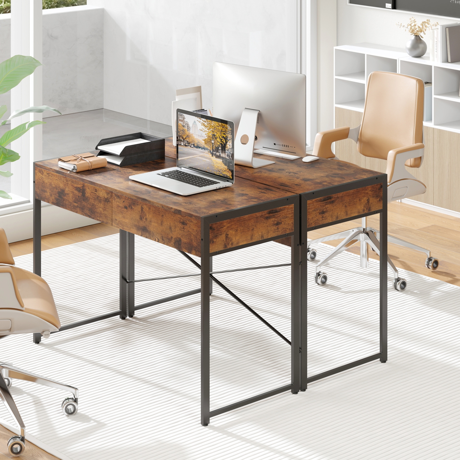 Home Office Desk with 2 Drawers and Metal Frame, Writing Table for Workstation