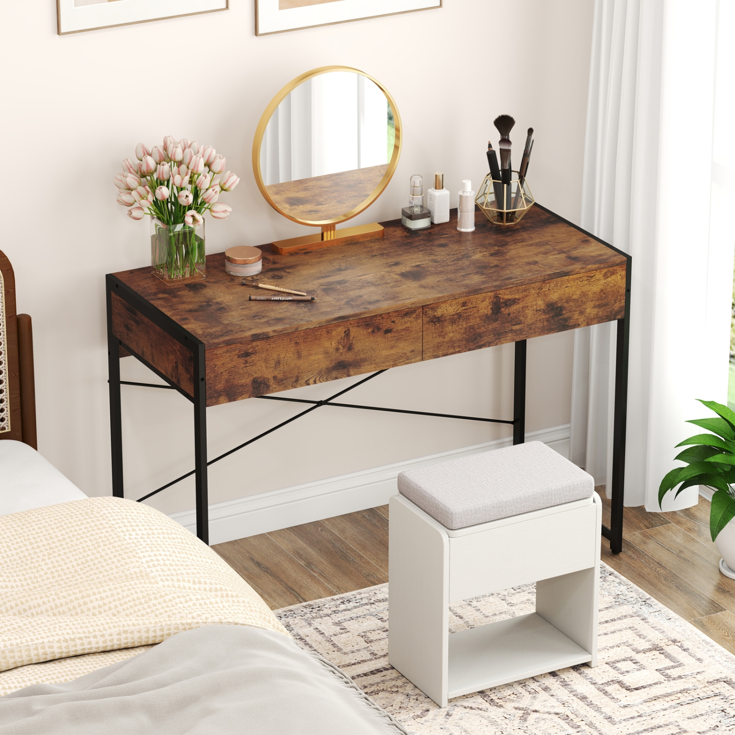 Home Office Desk with 2 Drawers and Metal Frame, Writing Table for Workstation