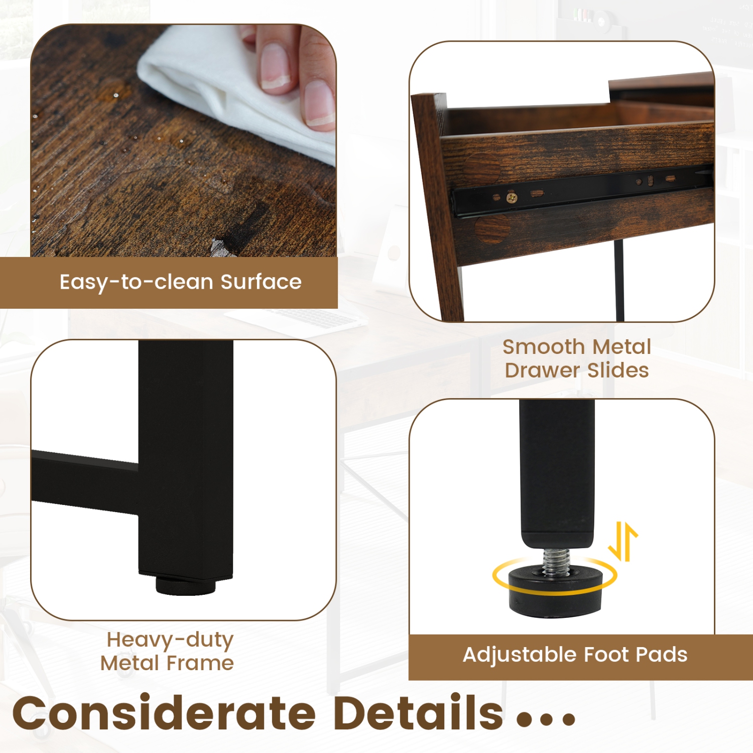 Home Office Desk with 2 Drawers and Metal Frame, Writing Table for Workstation