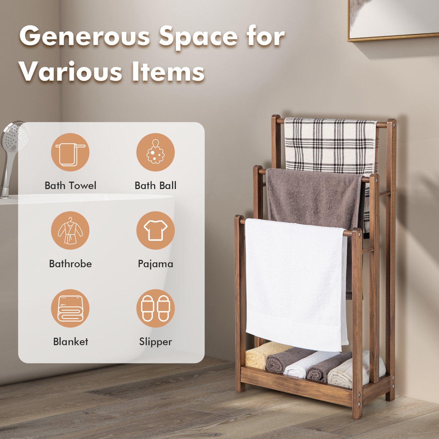 Freestanding Towel Rack 3-Bar Hand Towel Drying Stand with Bottom Storage Shelf