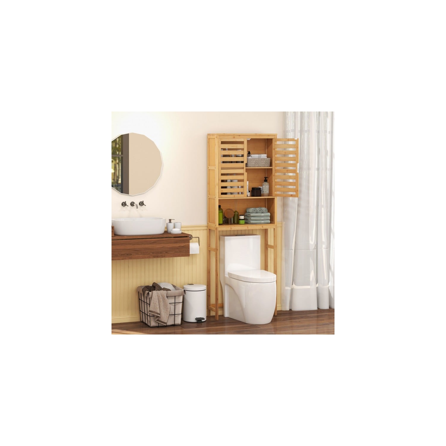 Armoire de rangement en osier pour salle de bain avec tablette réglable, peut être placée sur une toilette