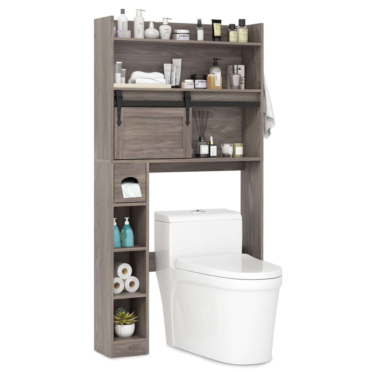 Bathroom Cabinet Over Toilet with Sliding Barn Door and Height-Adjustable Shelves