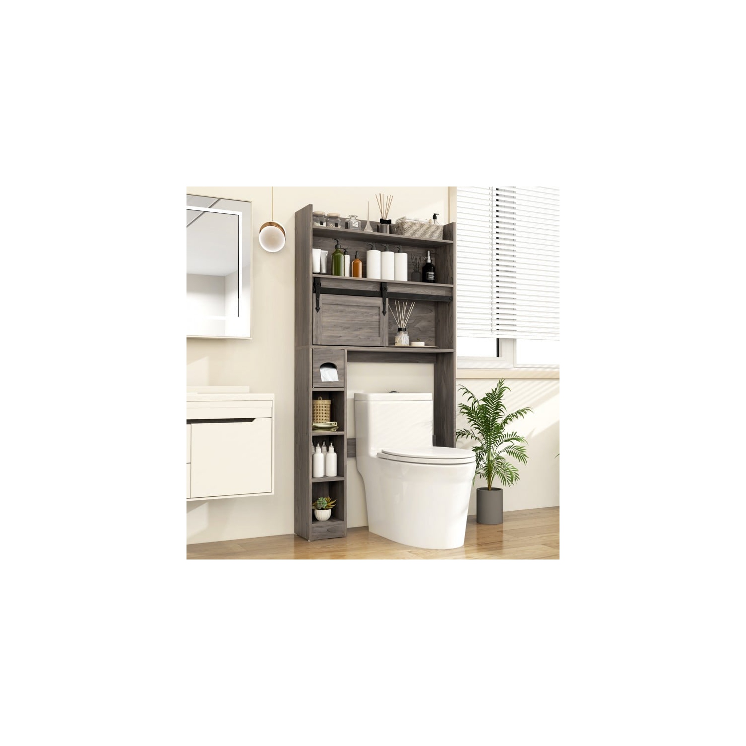 Bathroom Cabinet Over Toilet with Sliding Barn Door and Height-Adjustable Shelves