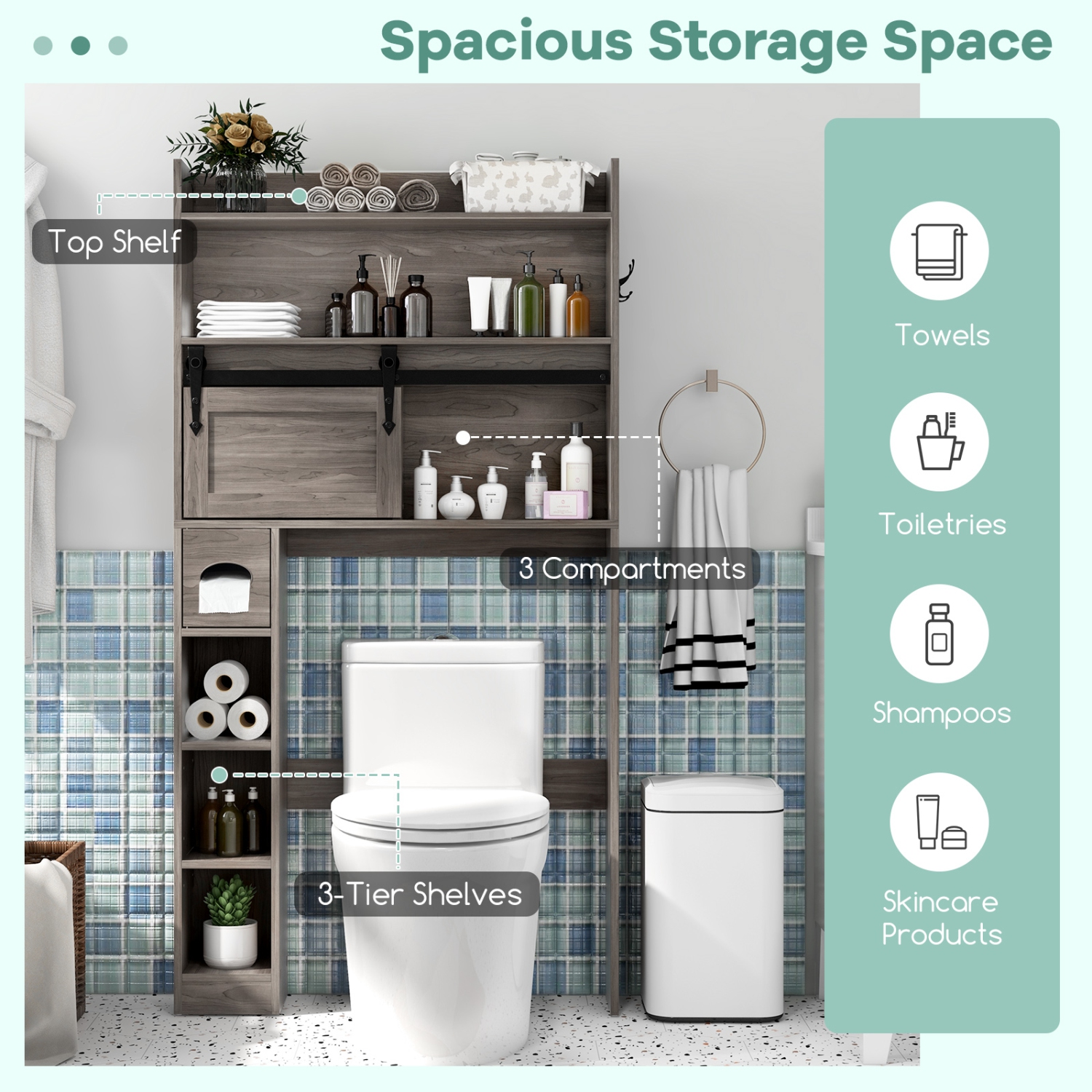 Bathroom Cabinet Over Toilet with Sliding Barn Door and Height-Adjustable Shelves