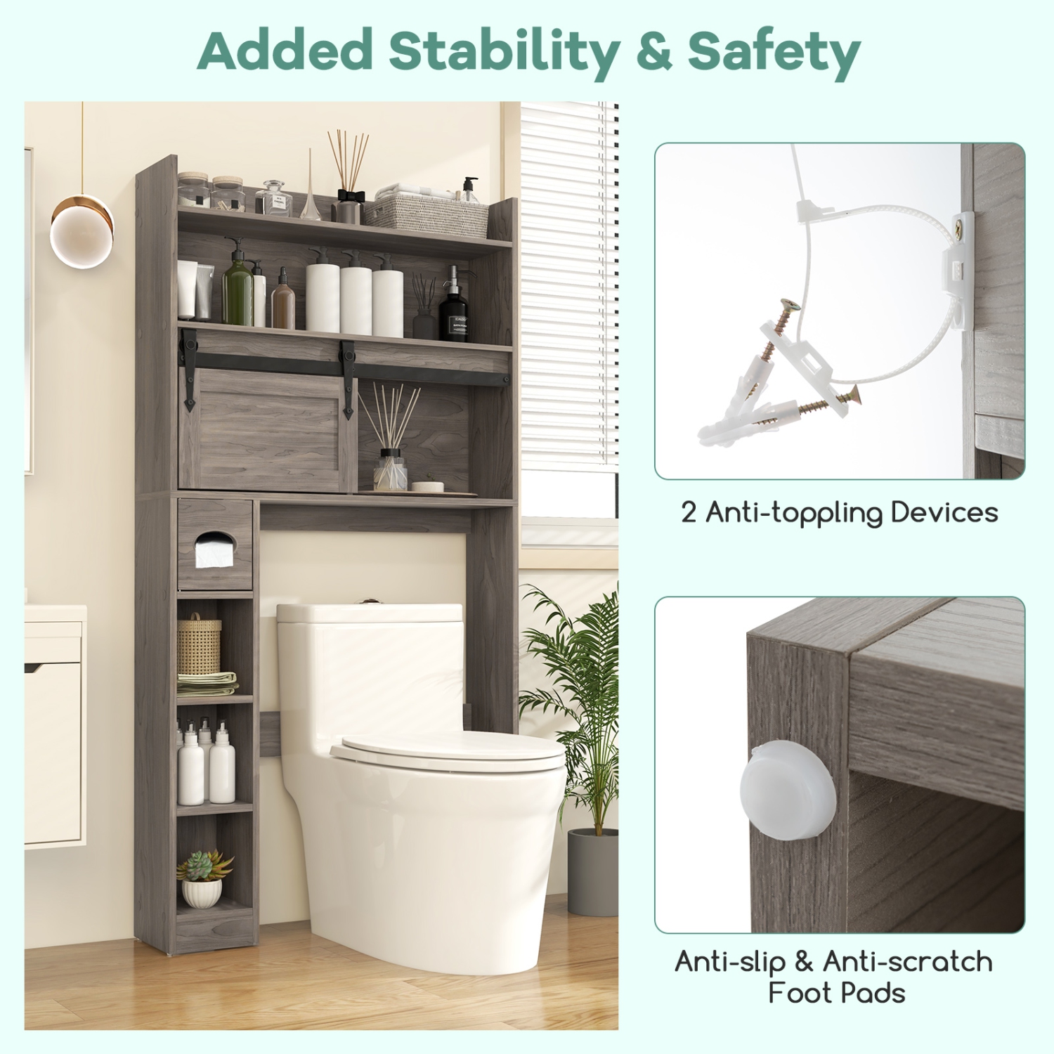 Bathroom Cabinet Over Toilet with Sliding Barn Door and Height-Adjustable Shelves