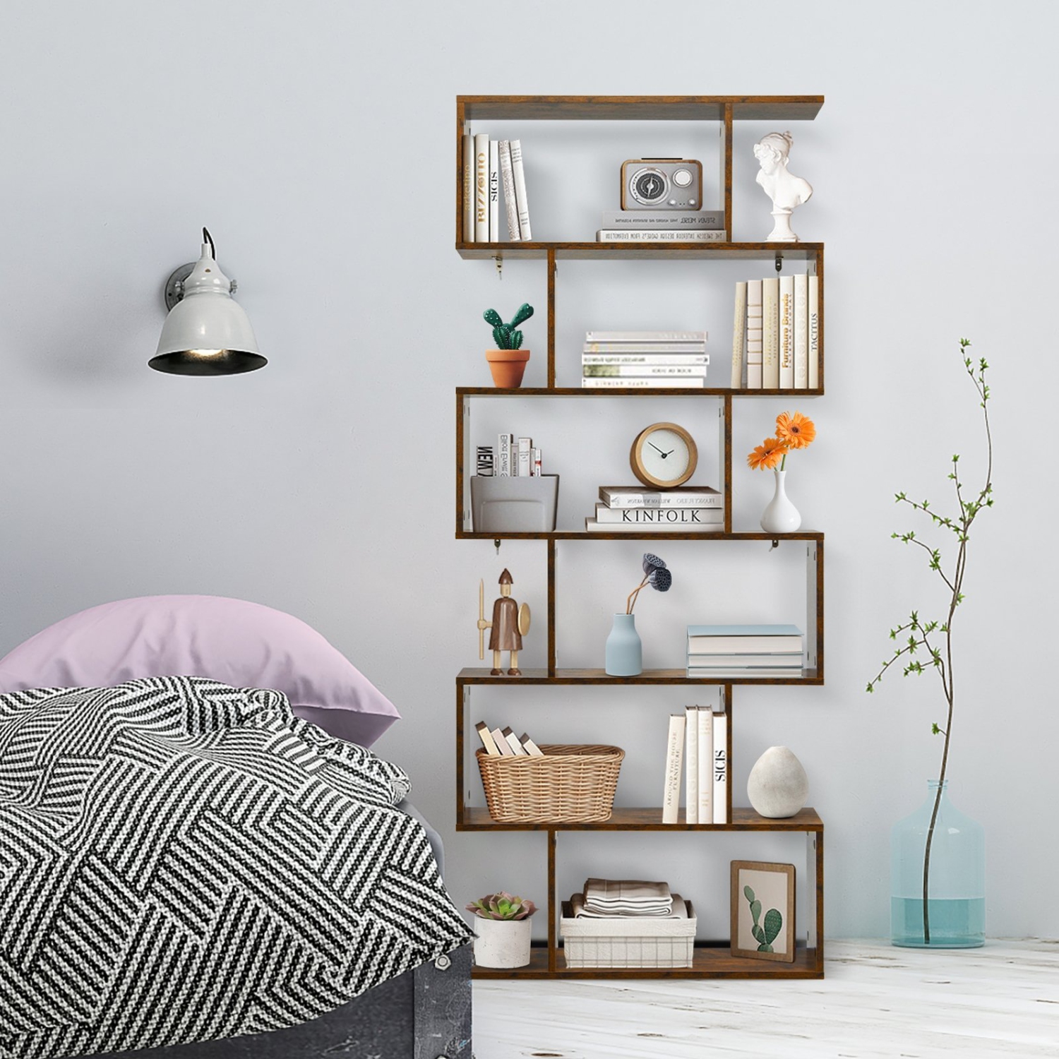 6-Tier S-Shaped Bookshelf, Modern Z-Shelf Bookcase for Storage and Display