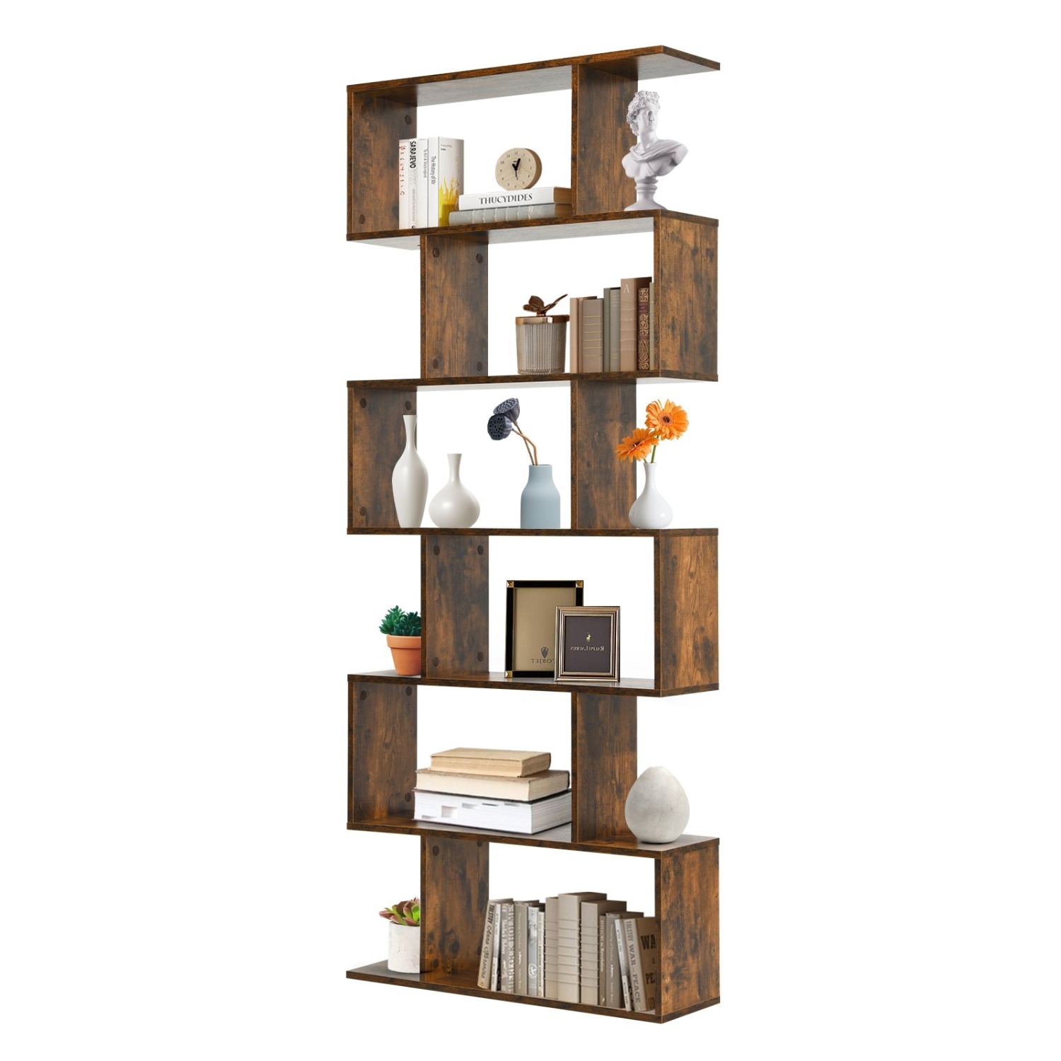 6-Tier S-Shaped Bookshelf, Modern Z-Shelf Bookcase for Storage and Display