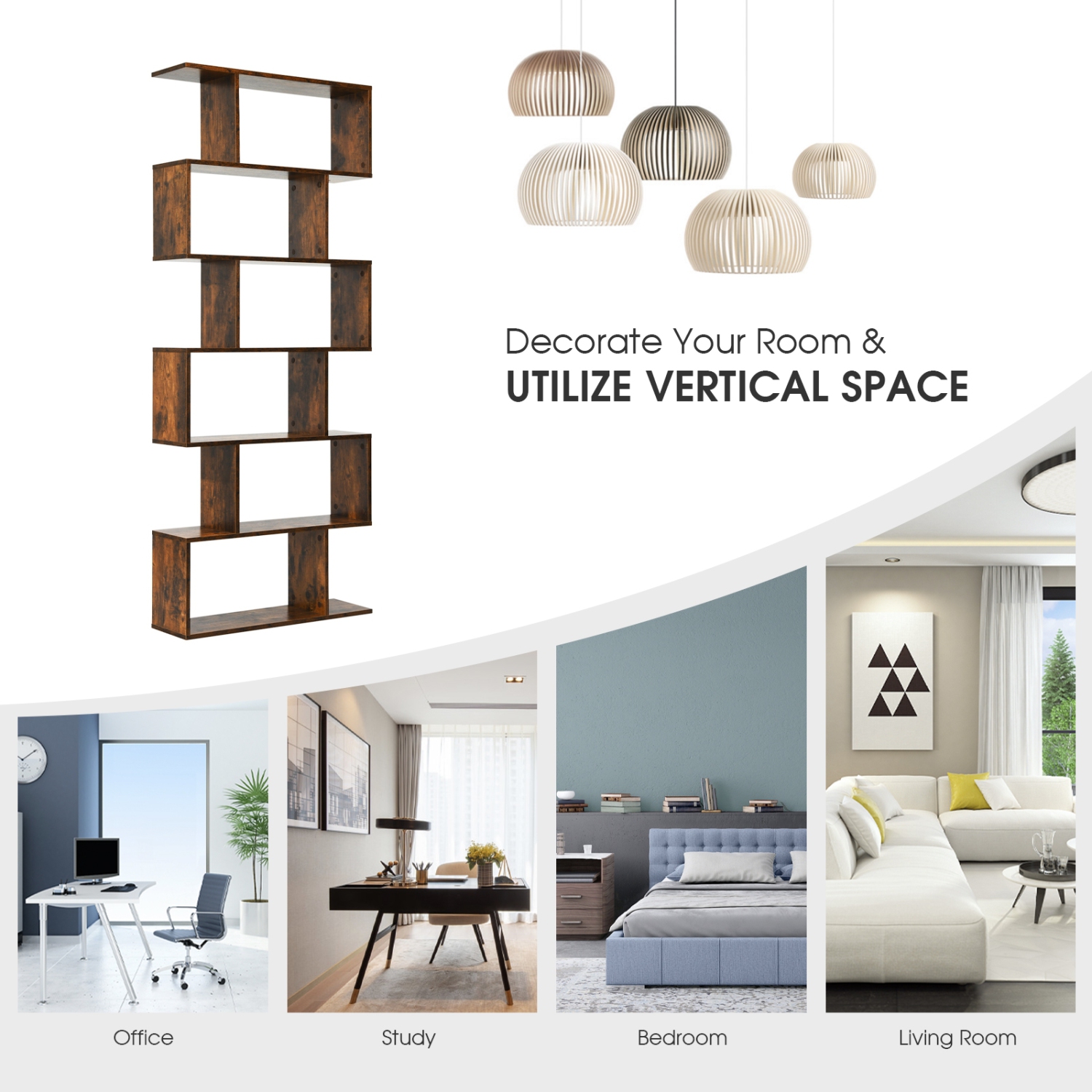 6-Tier S-Shaped Bookshelf, Modern Z-Shelf Bookcase for Storage and Display