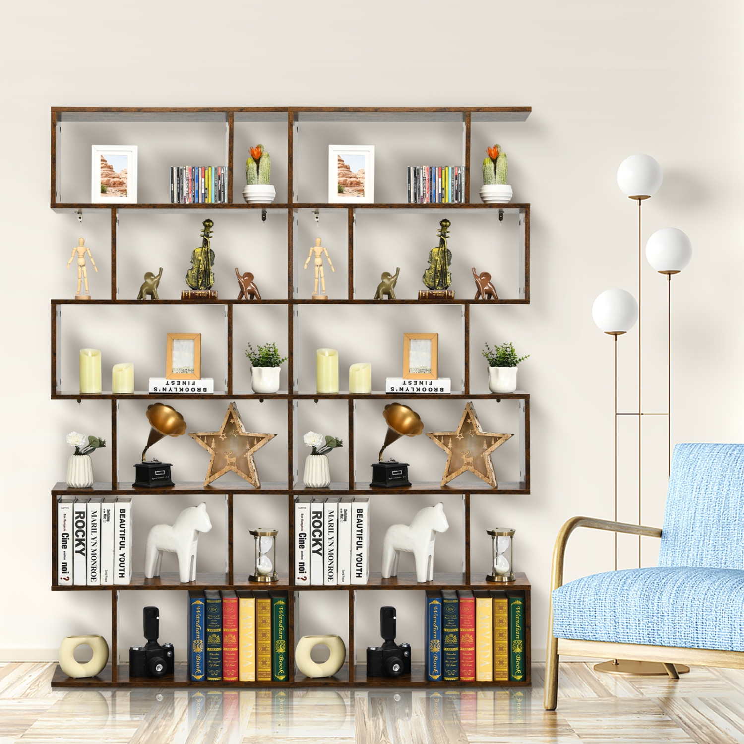 6-Tier S-Shaped Bookshelf, Modern Z-Shelf Bookcase for Storage and Display