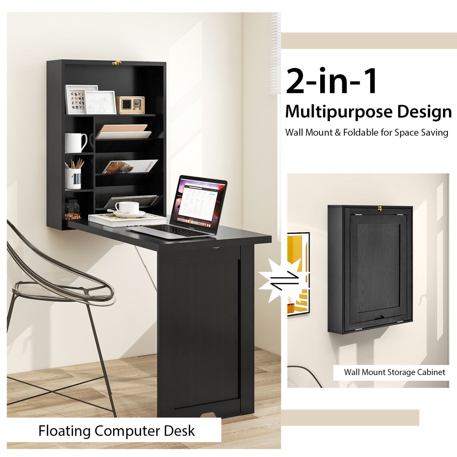 Wall Mounted Fold-Out Desk, Convertible Floating Workstation for Small Spaces