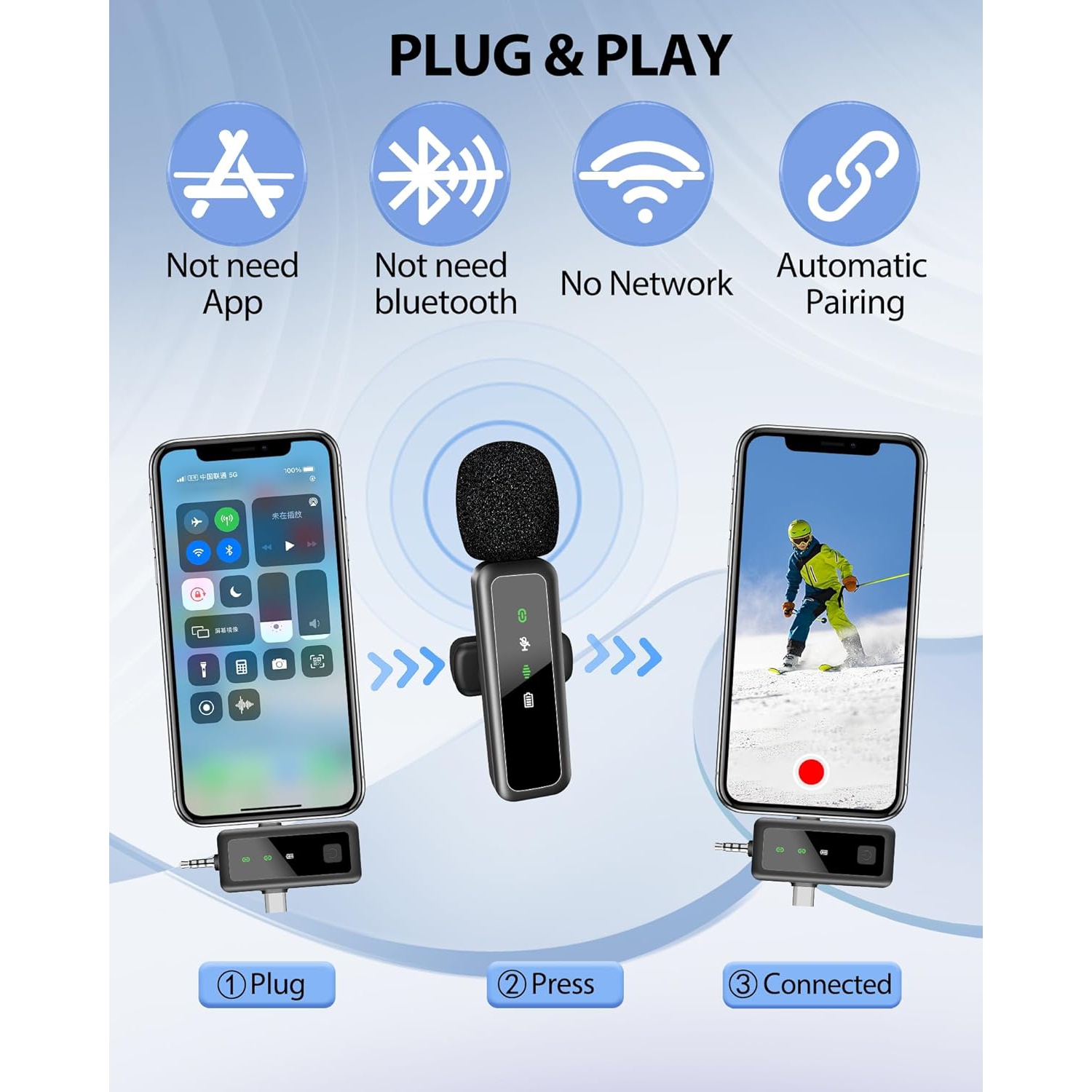 Wireless Lavalier Microphone for iPhone/Android/Camera, 3 in 1 Mini Microphone with Mute/Reverb/Noise Reduction, Lapel Mic for Record Interview,