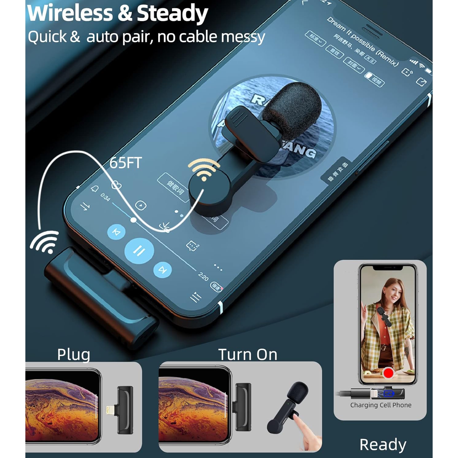 Microphone sans fil pour iPhone iPad Lav Mic Mic 10H Batterie Micro-cravate sans fil Micro-cravate à suppression du bruit Microphone Enregistrement