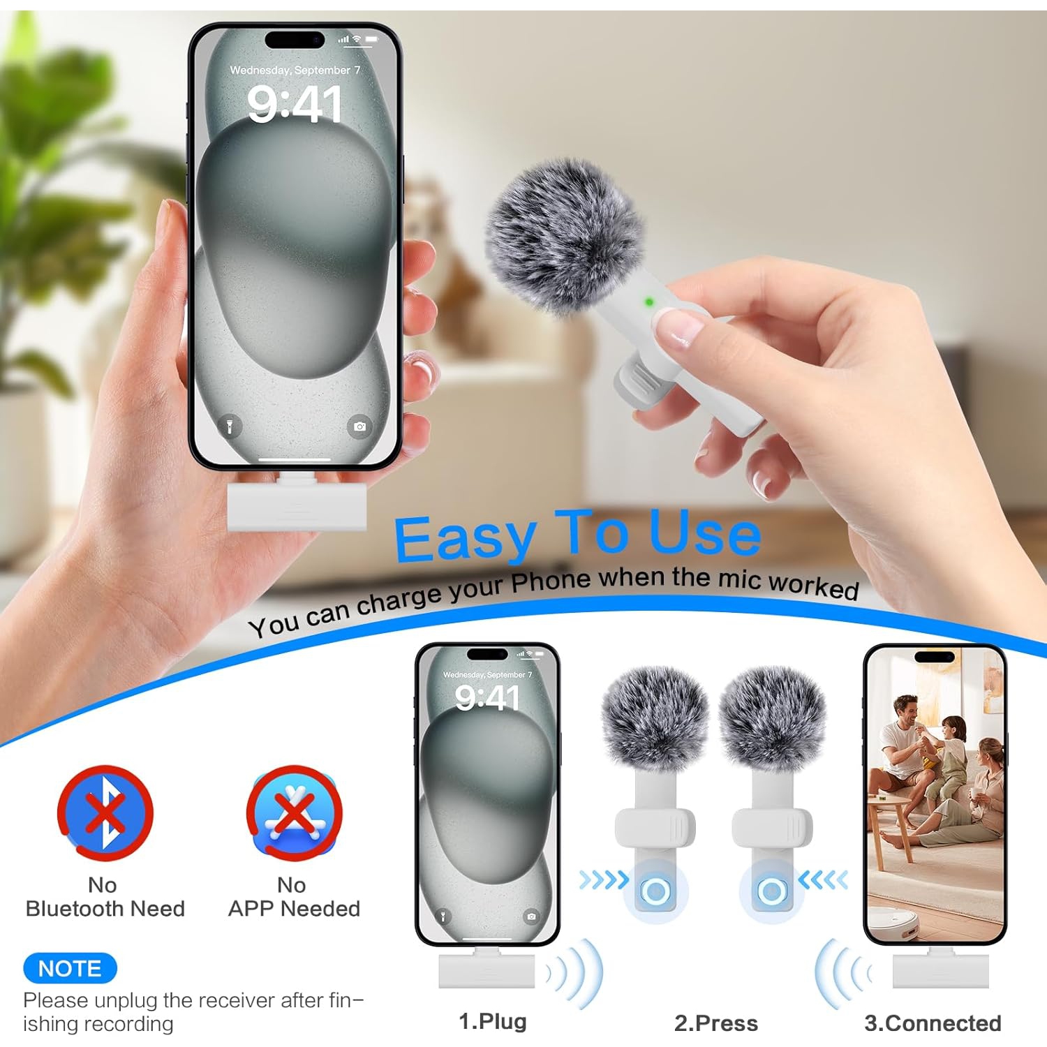 Micro-cravate sans fil miniature microphone mobile pour enregistrement vidéo iPhone, microphone sans fil pour entrevue, pour iPhone, microphone