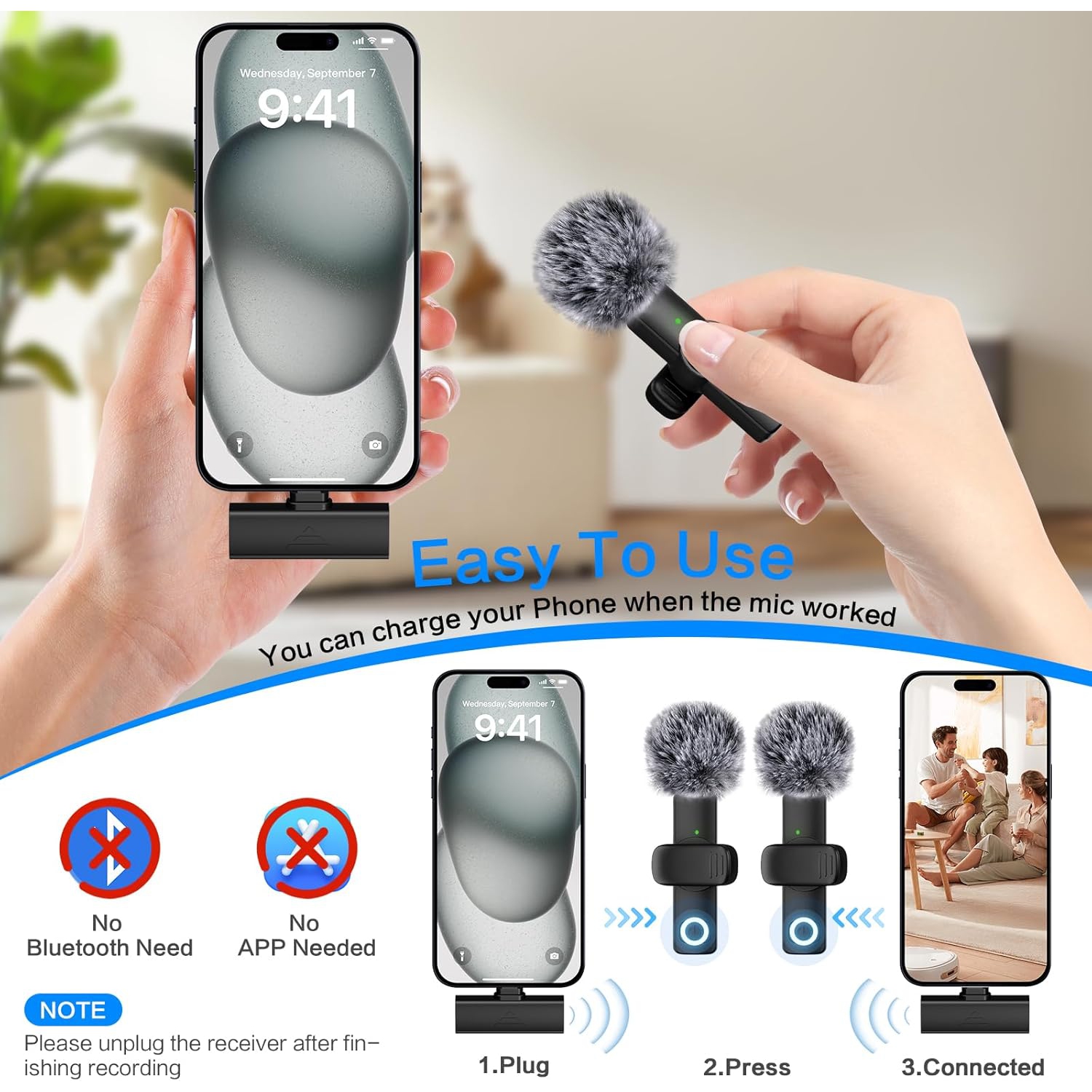 Micro-cravate sans fil miniature microphone mobile pour enregistrement vidéo iPhone, microphone sans fil pour entrevue, pour iPhone, microphone