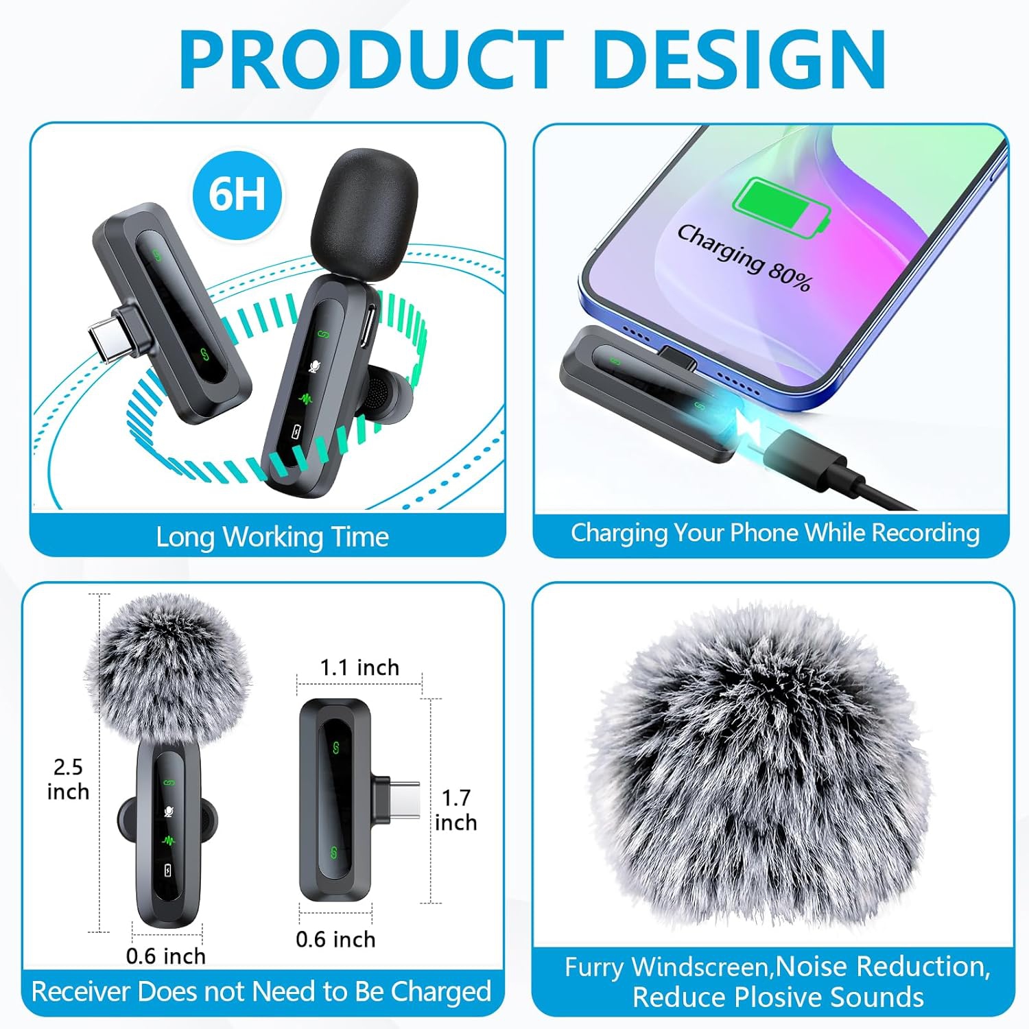 USB C Wireless Lavalier Microphone for iPhone 15-16 /Android Phone, Mini Microphone for Video Recording, Clip on Lapel Mics for YouTube, Tiktok,