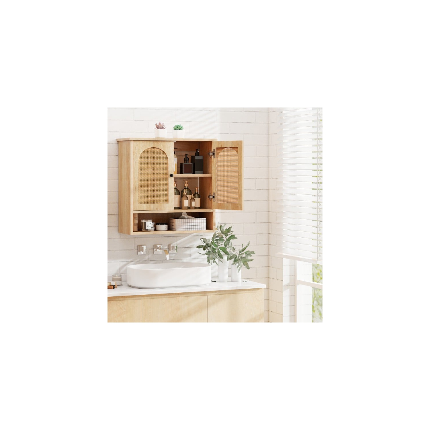Wall-Mounted Bathroom Cabinet with Adjustable Shelves and Rattan-Style Doors