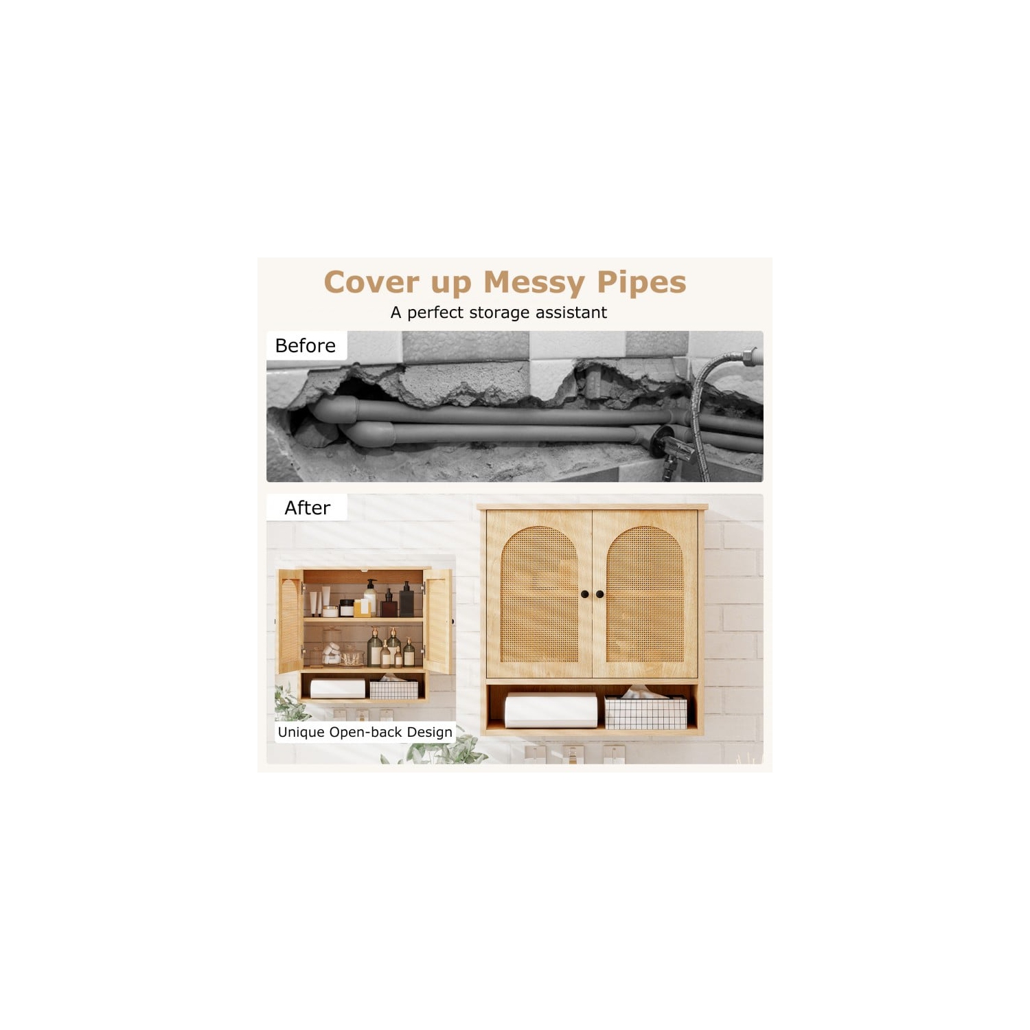 Wall-Mounted Bathroom Cabinet with Adjustable Shelves and Rattan-Style Doors