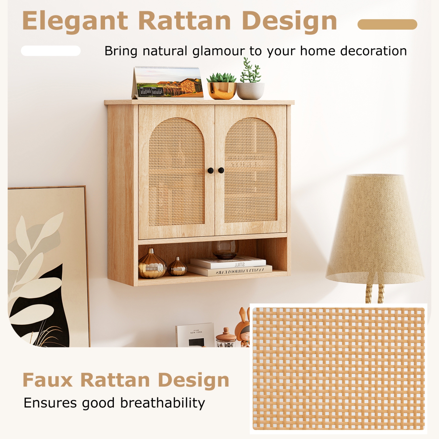 Wall-Mounted Bathroom Cabinet with Adjustable Shelves and Rattan-Style Doors