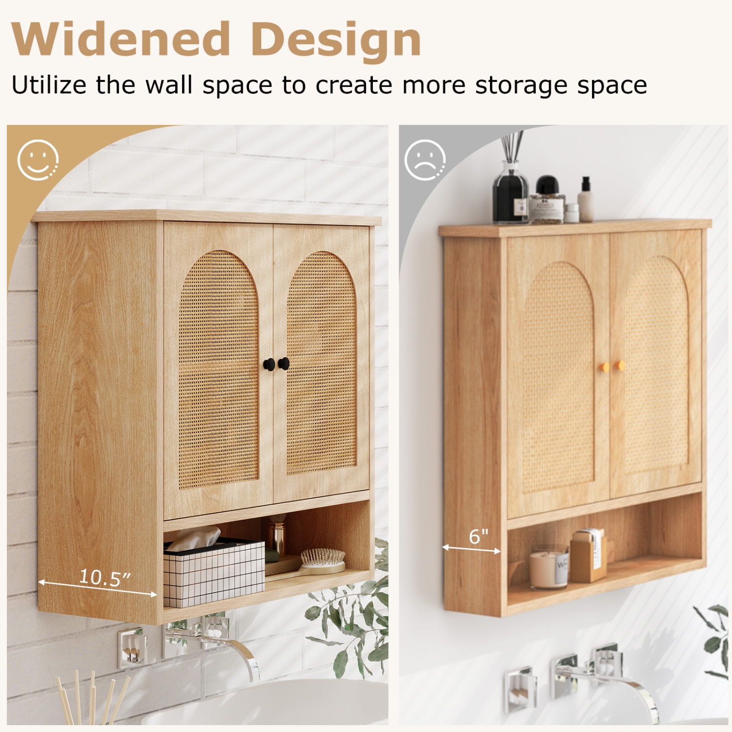 Wall-Mounted Bathroom Cabinet with Adjustable Shelves and Rattan-Style Doors
