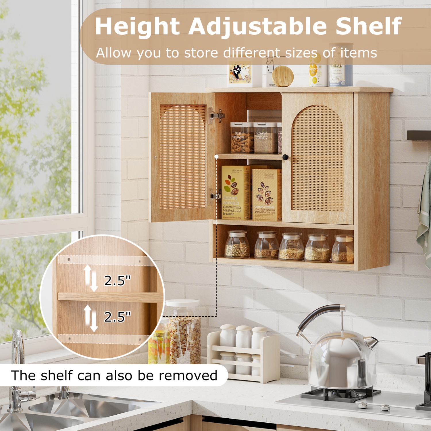 Wall-Mounted Bathroom Cabinet with Adjustable Shelves and Rattan-Style Doors