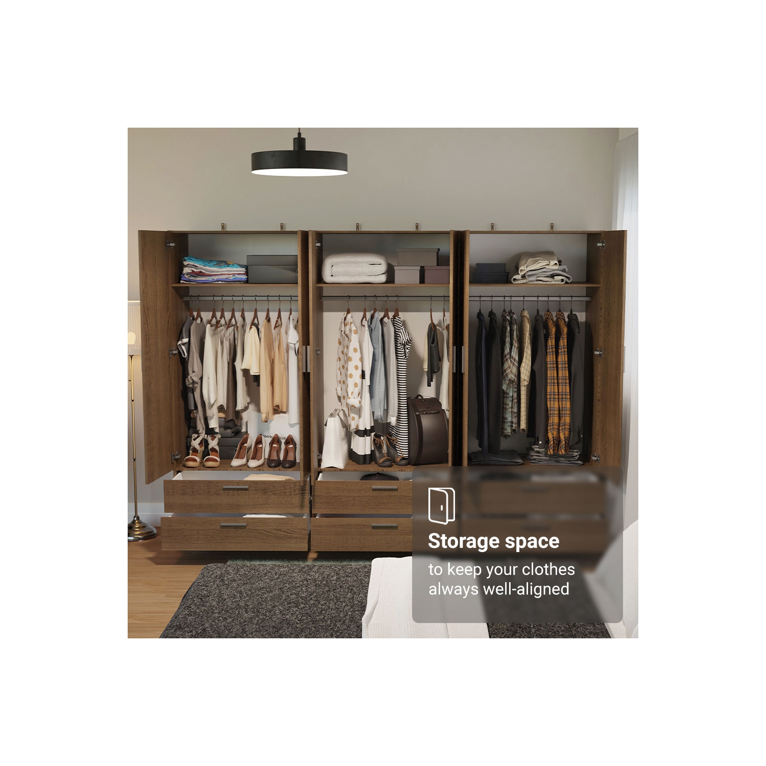 Armoire de rangement Madesa, 6 portes, 6 tiroirs, tablettes et espace suspendu Armoire de rangement en bois de 94&nbsp;po pour chambre et bureau -