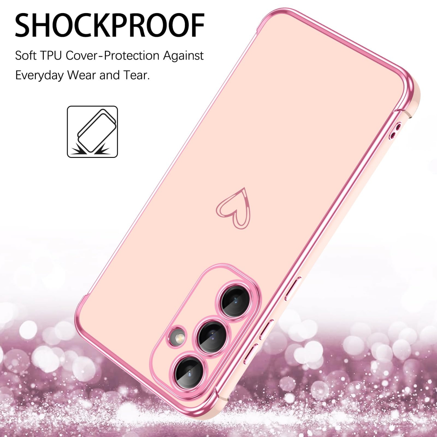 Étui pour Samsung Galaxy S25 Étui plaqué motif coeur mignon pour femmes filles TPU souple avec appareil photo et 4 coins étui antichoc mince pour