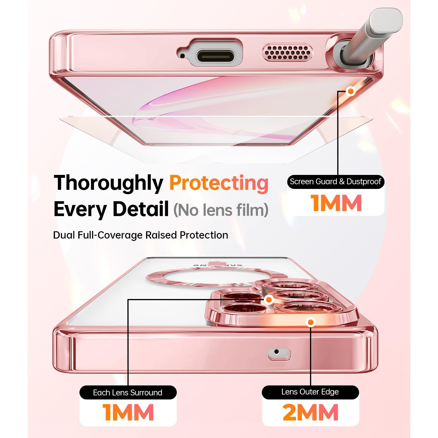 Étui pour Samsung Galaxy S25 Ultra 6.9&nbsp;po, compatible avec 2X Protecteurs d'écran HD Glitter Card & Wrist Strap Full Lens Protection Case pour