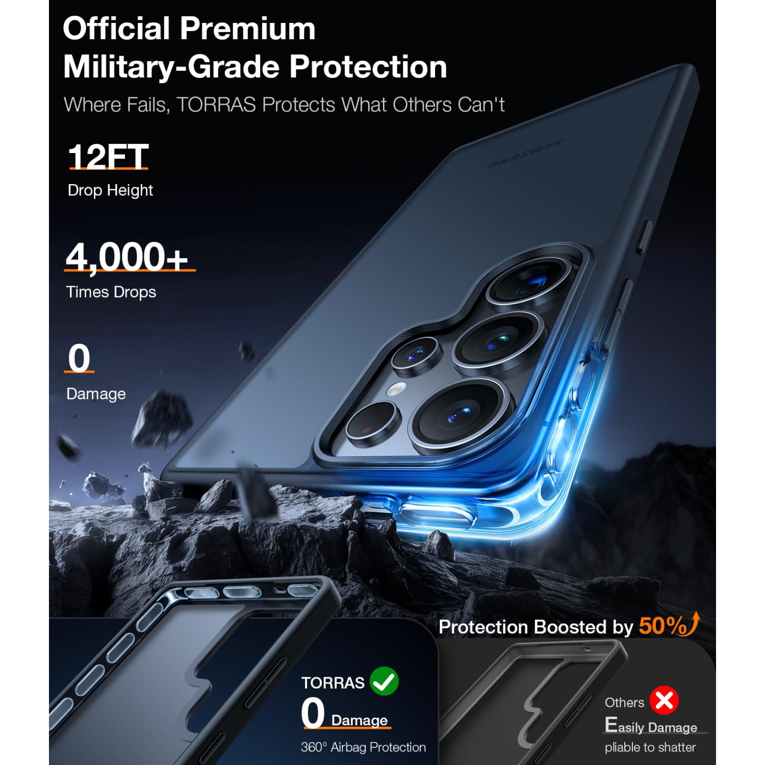 Étui antichoc pour Samsung Galaxy S25 Ultra, protection de qualité militaire de 12 pi, étui mince translucide mat pour Samsung S25 Ultra, noir,