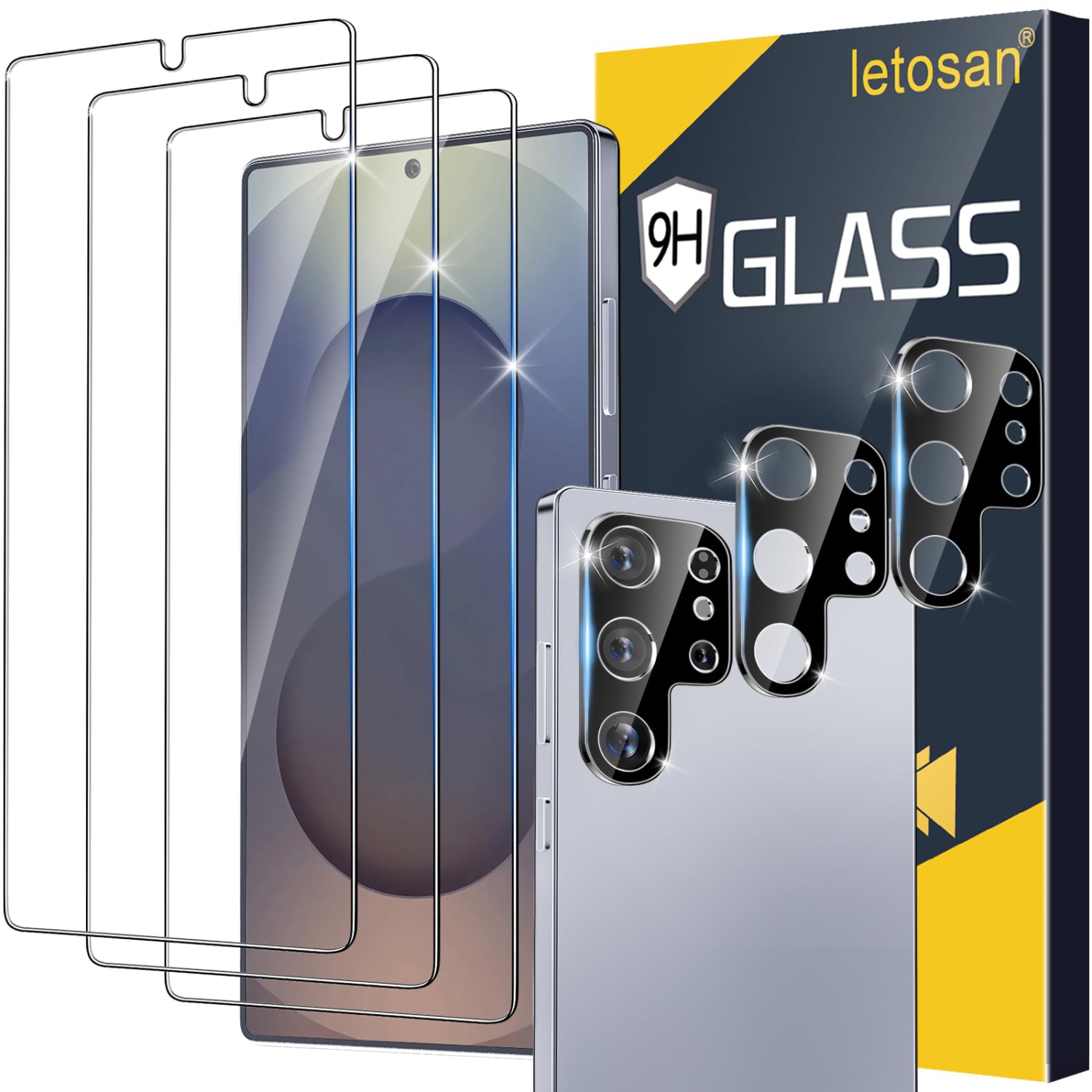 Paquet de 3+3 pour Samsung Galaxy S25 Ultra, verre trempé 9H, compatible avec les empreintes digitales, HD Clear Case Friendly pour Samsung S25 Ultra