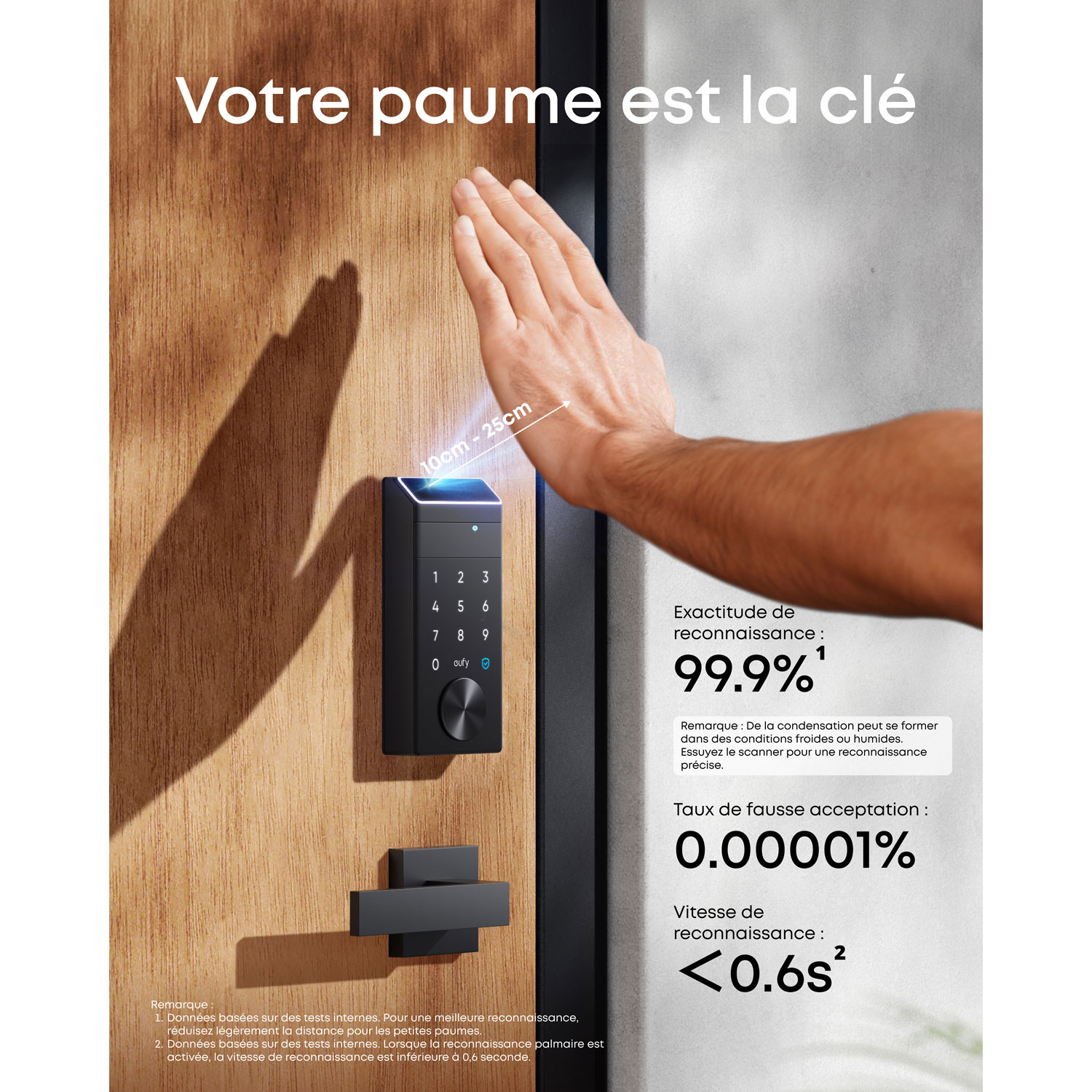 Serrure intelligente Wi-Fi à détection des veines de la paume FamiLock E35 d'eufy avec pavé numérique et clé - Noir
