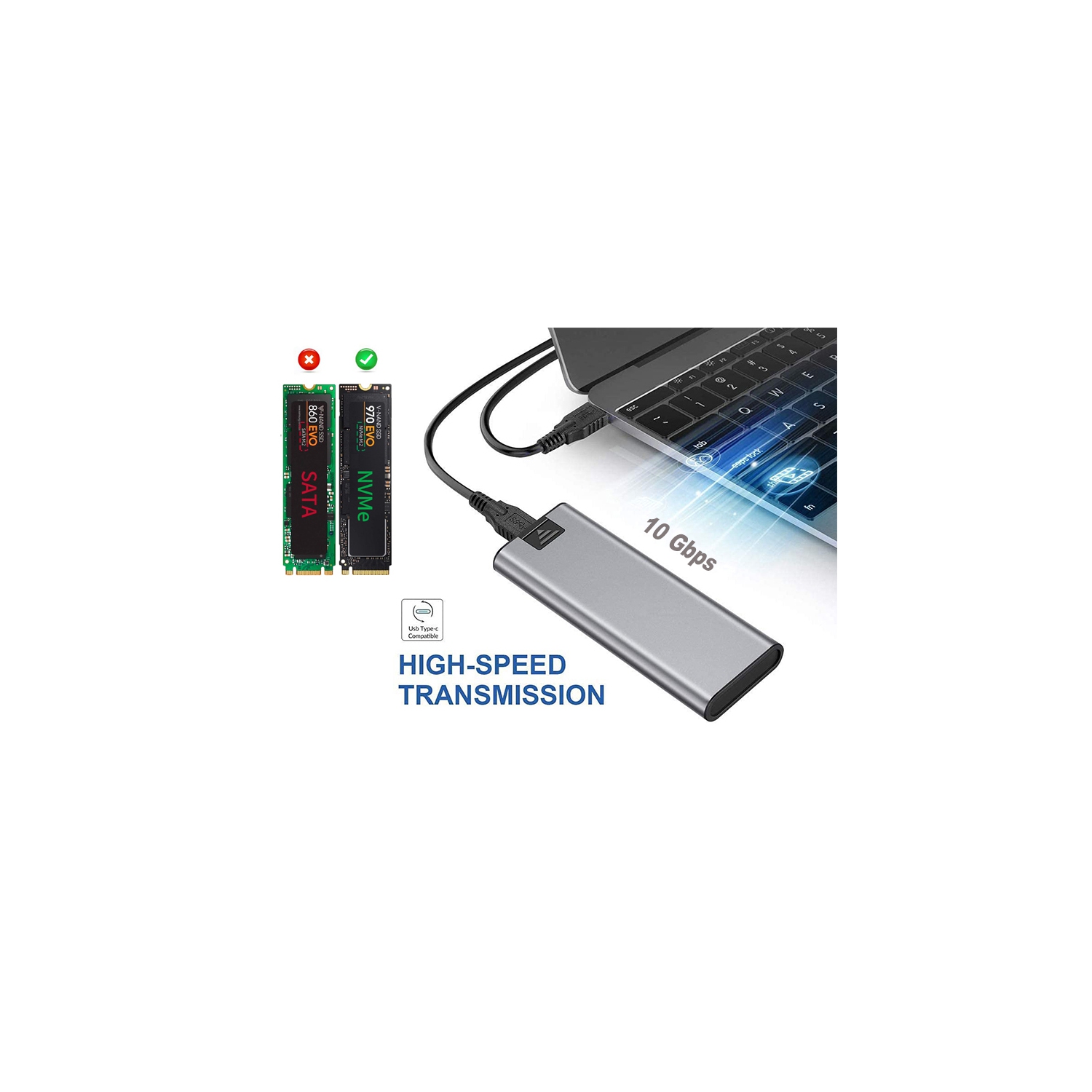 Boîtier en aluminium M.2 NVME vers USB 3.1 Type-C GEN2 Boîtier en aluminium M.2 PCI-E SSD Disque dur externe M.2&nbsp;M-Key SSD vers USB-C.